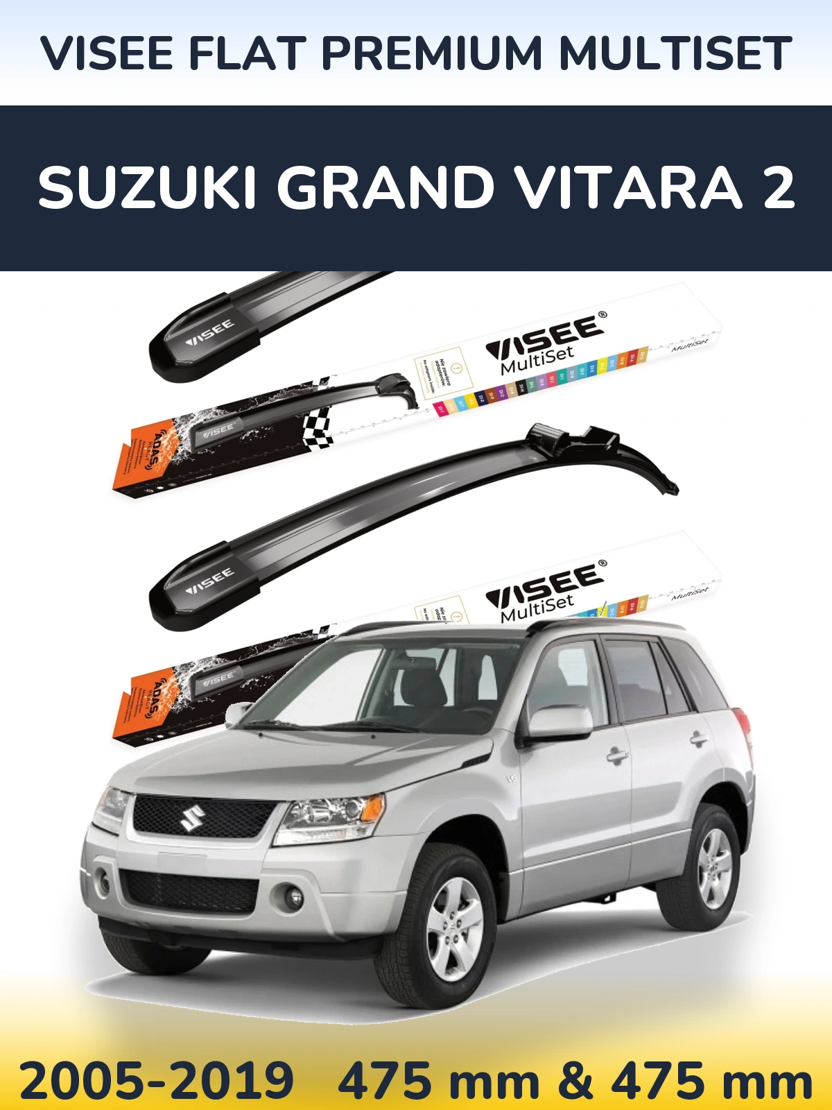 Sada předních stěračů VISEE FLAT PREMIUM MultiSet 475 a 475 mm pro Suzuki Grand Vitara 2 2005-2019