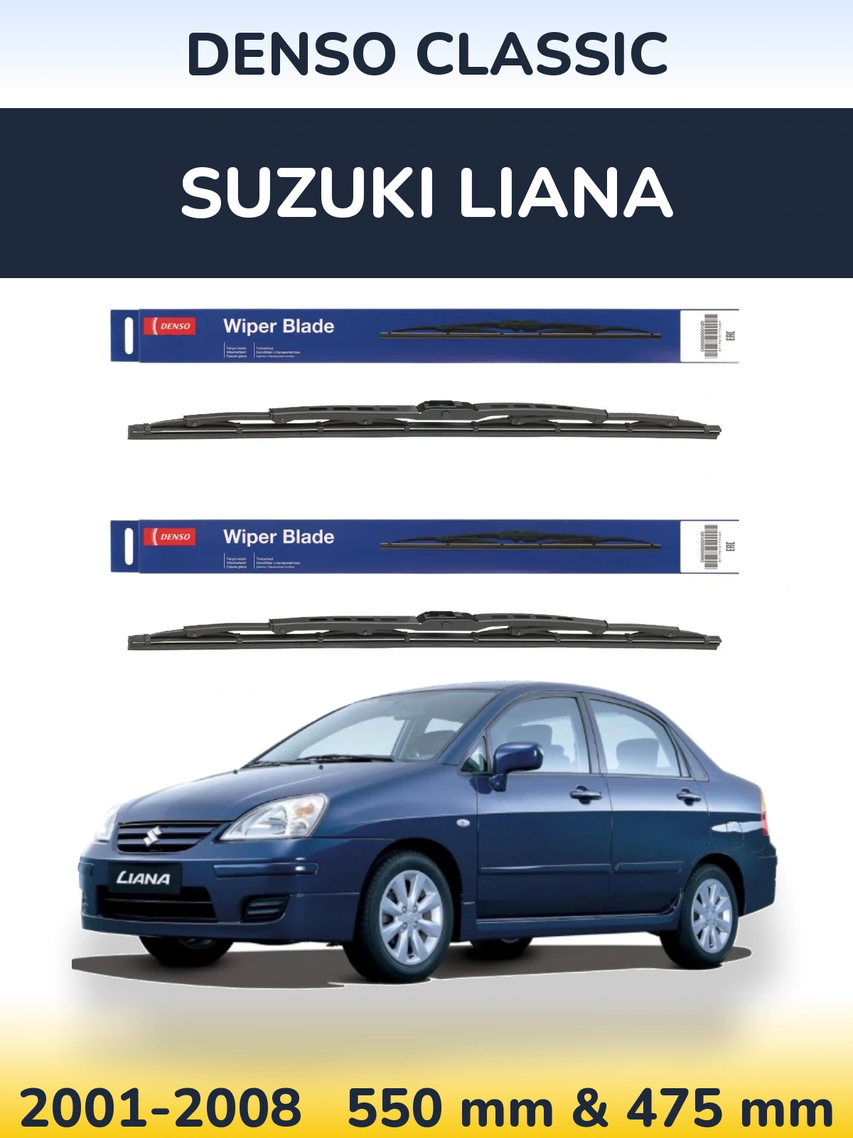 Front wiper blade set Denso Classic 550 & 475 mm for Suzuki Liana 2001-2008