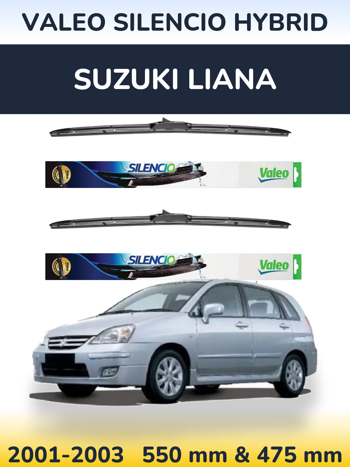 Sada předních stěračů Valeo Silencio Hybrid 550 a 475 mm pro Suzuki Liana 2001-2003