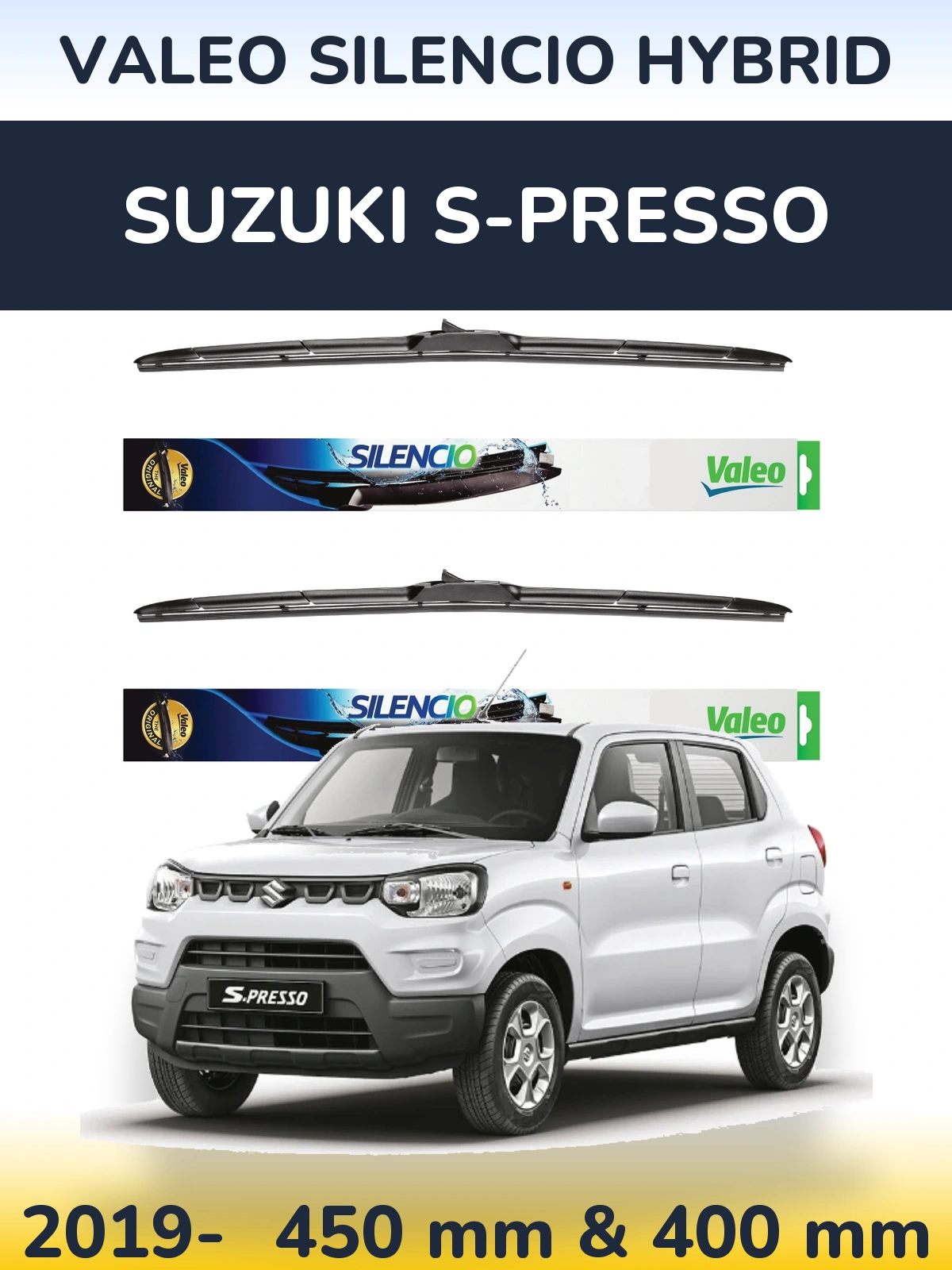 Sada předních stěračů Valeo Silencio Hybrid 450 a 400 mm pro Suzuki S-Presso 2019-2026