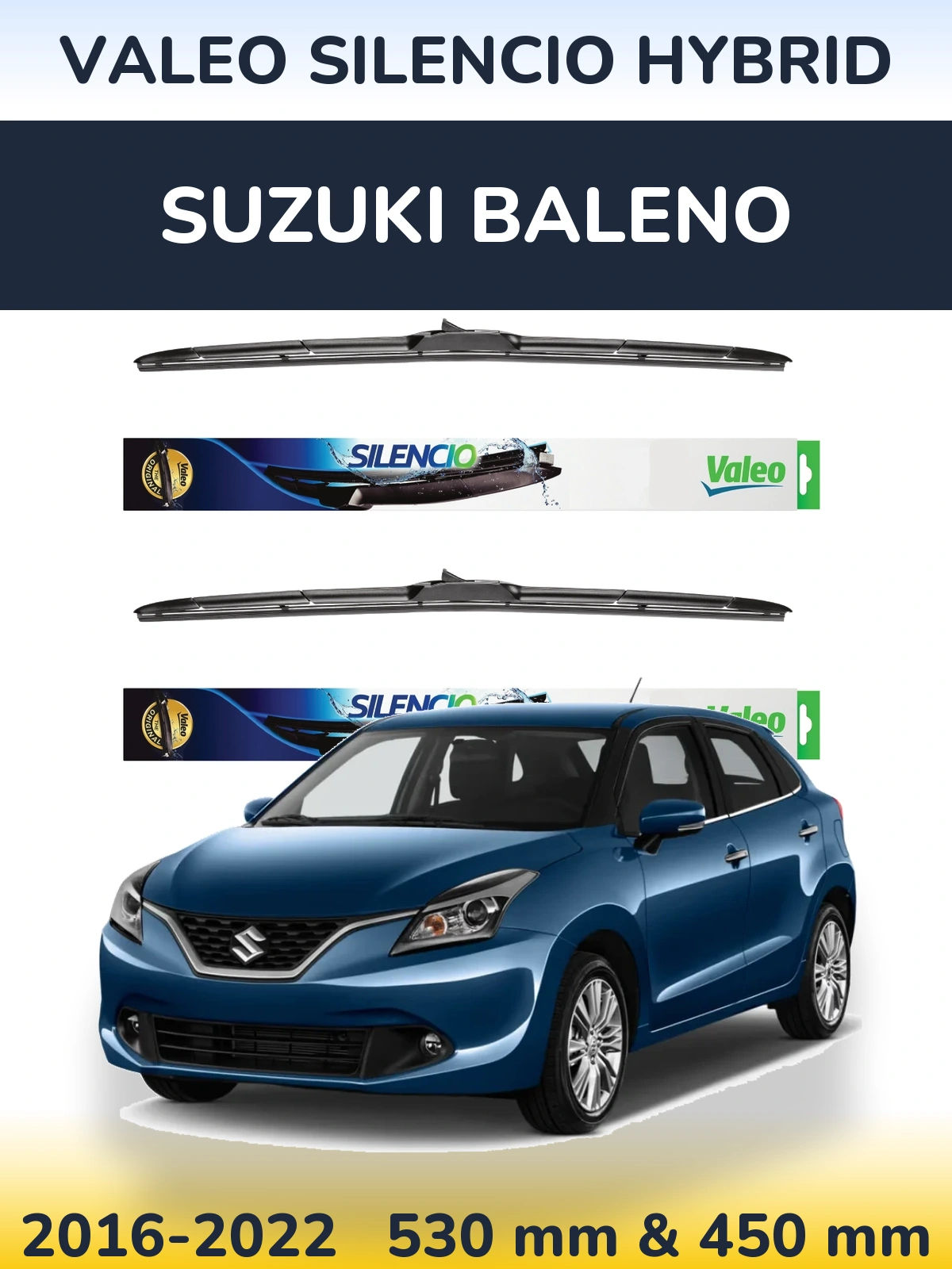 Sada předních stěračů Valeo Silencio Hybrid 530 a 450 mm pro Suzuki Baleno 2016-2022