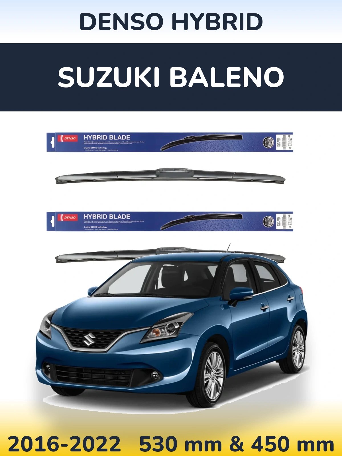 Sada předních stěračů Denso Hybrid 530 a 450 mm pro Suzuki Baleno 2016-2022