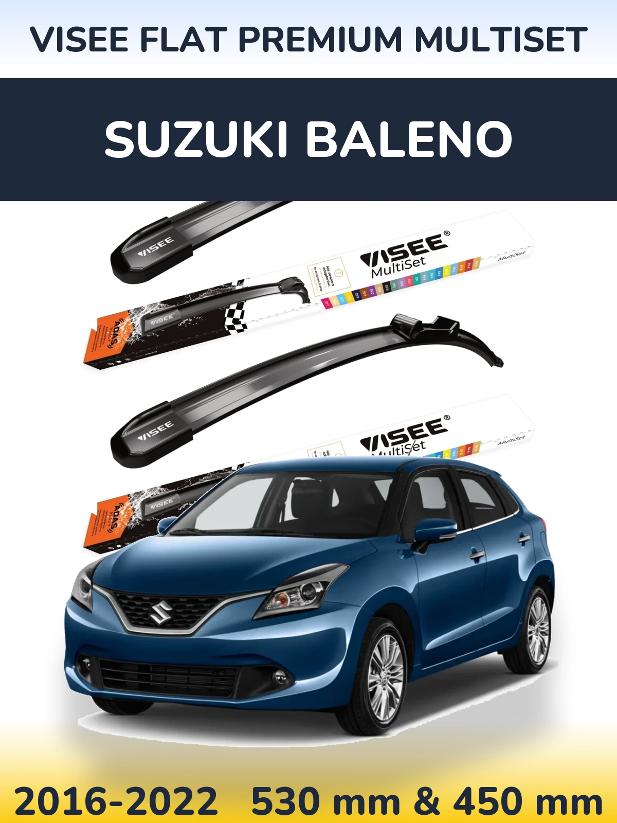 Sada předních stěračů VISEE FLAT PREMIUM MultiSet 530 a 450 mm pro Suzuki Baleno 2016-2022