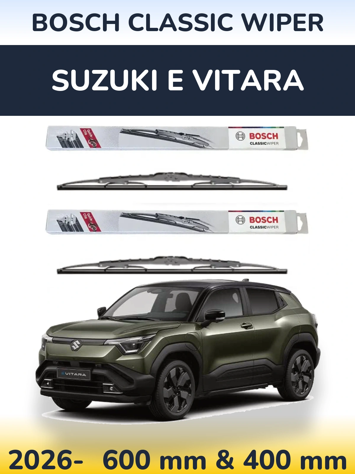 Sada předních stěračů BOSCH Classic Wiper 600 a 400 mm pro Suzuki e Vitara 2026-2026