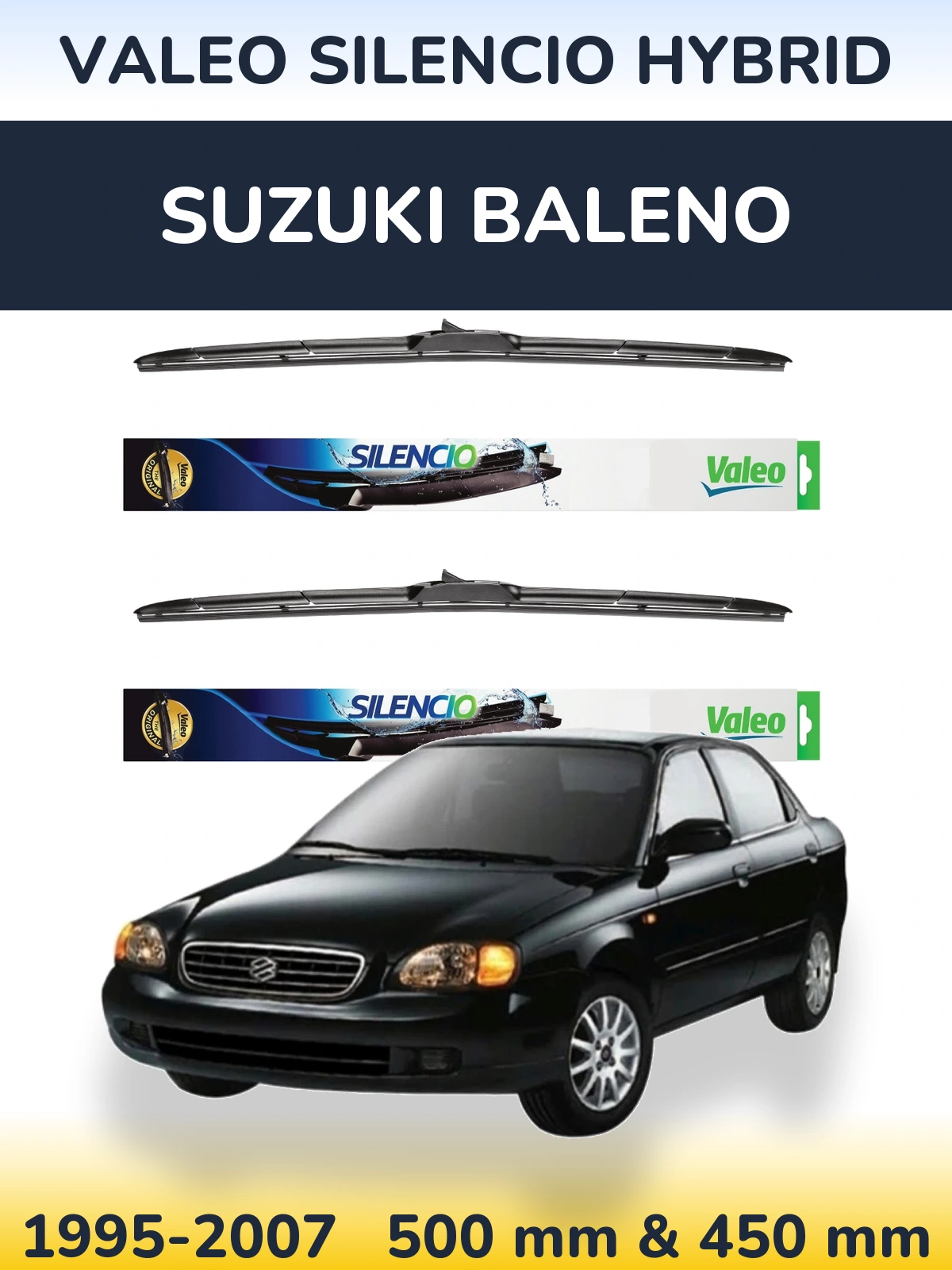 Sada předních stěračů Valeo Silencio Hybrid 500 a 450 mm pro Suzuki Baleno 1995-2007