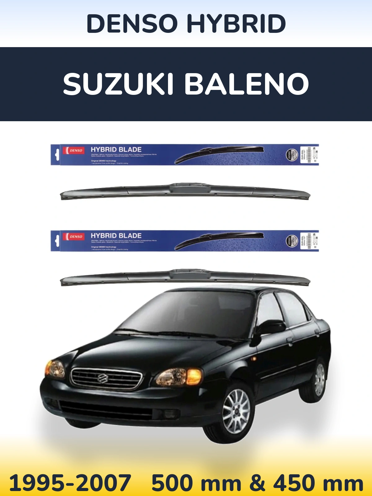 Sada předních stěračů Denso Hybrid 500 a 450 mm pro Suzuki Baleno 1995-2007
