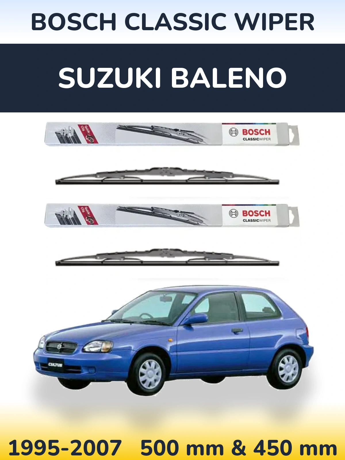Sada předních stěračů BOSCH Classic Wiper 500 a 450 mm pro Suzuki Baleno 1995-2007