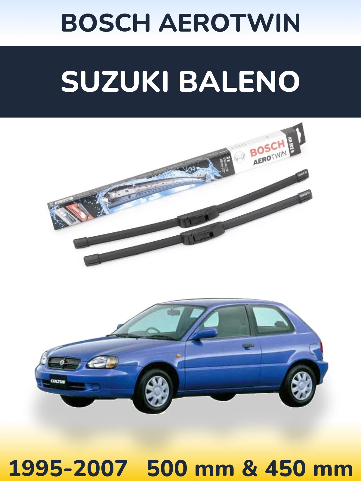 Sada předních stěračů BOSCH AeroTwin 500 a 450 mm pro Suzuki Baleno 1995-2007
