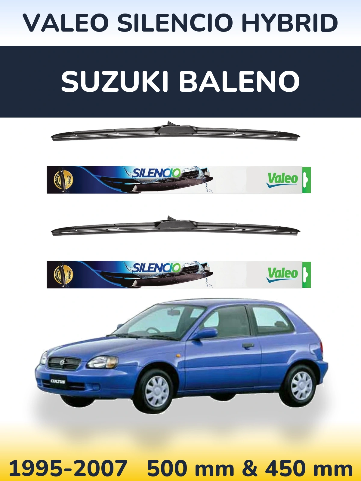 Sada předních stěračů Valeo Silencio Hybrid 500 a 450 mm pro Suzuki Baleno 1995-2007