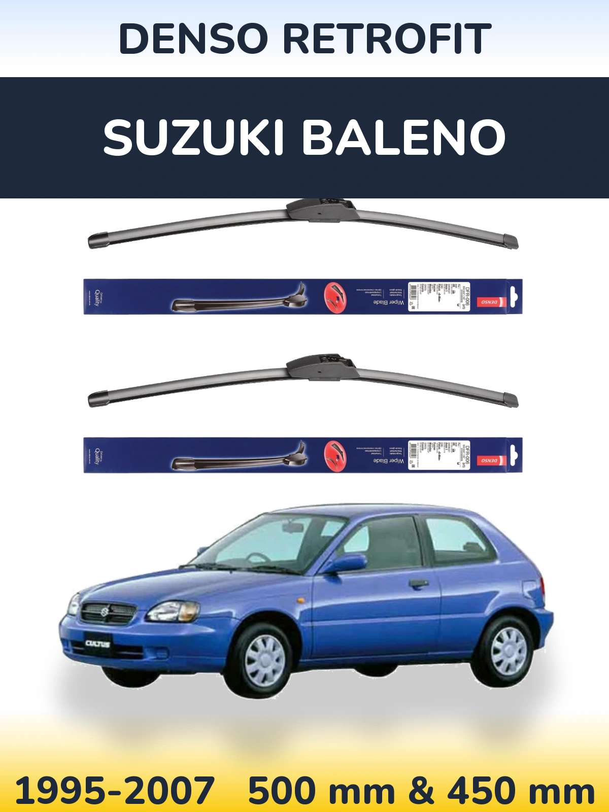 Sada předních stěračů Denso Retrofit 500 a 450 mm pro Suzuki Baleno 1995-2007
