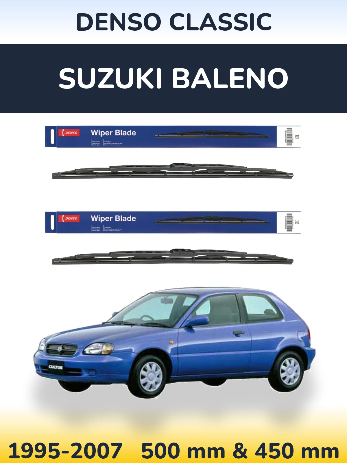 Sada předních stěračů Denso Classic 500 a 450 mm pro Suzuki Baleno 1995-2007