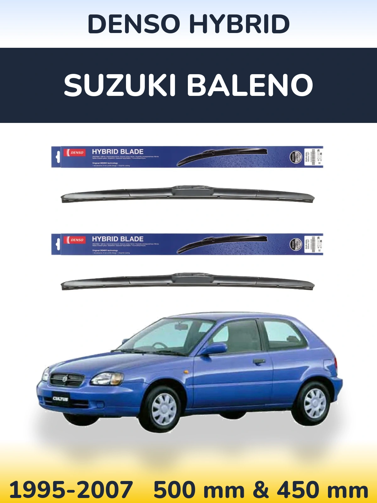 Sada předních stěračů Denso Hybrid 500 a 450 mm pro Suzuki Baleno 1995-2007