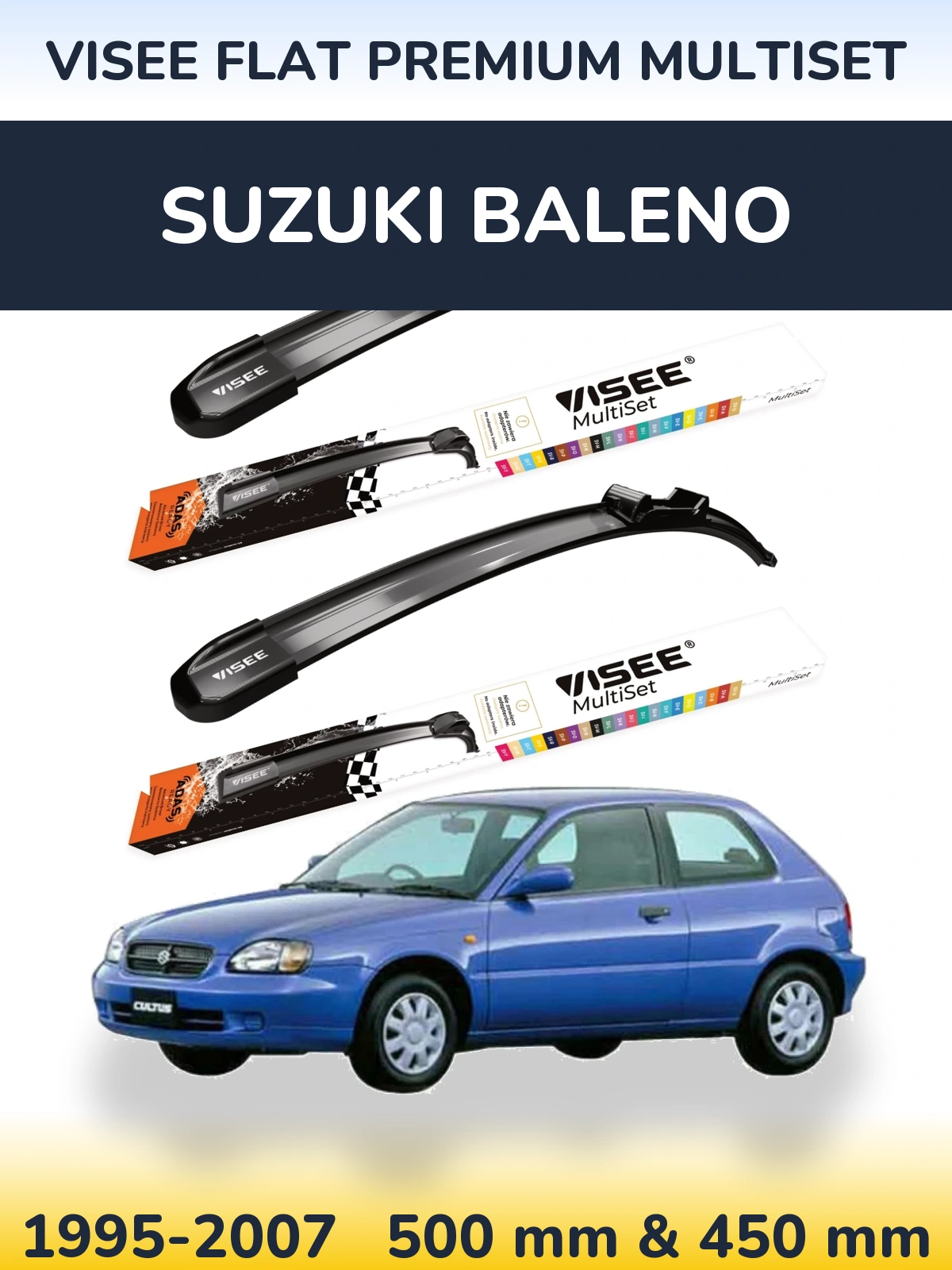 Комплект передніх щіток VISEE FLAT PREMIUM MultiSet 500 & 450 мм для Suzuki Baleno 1995-2007