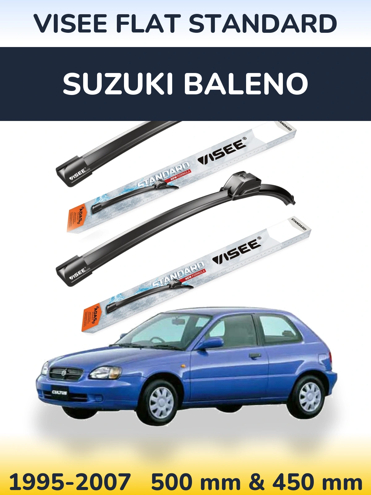 Sada předních stěračů VISEE FLAT STANDARD 500 a 450 mm pro Suzuki Baleno 1995-2007