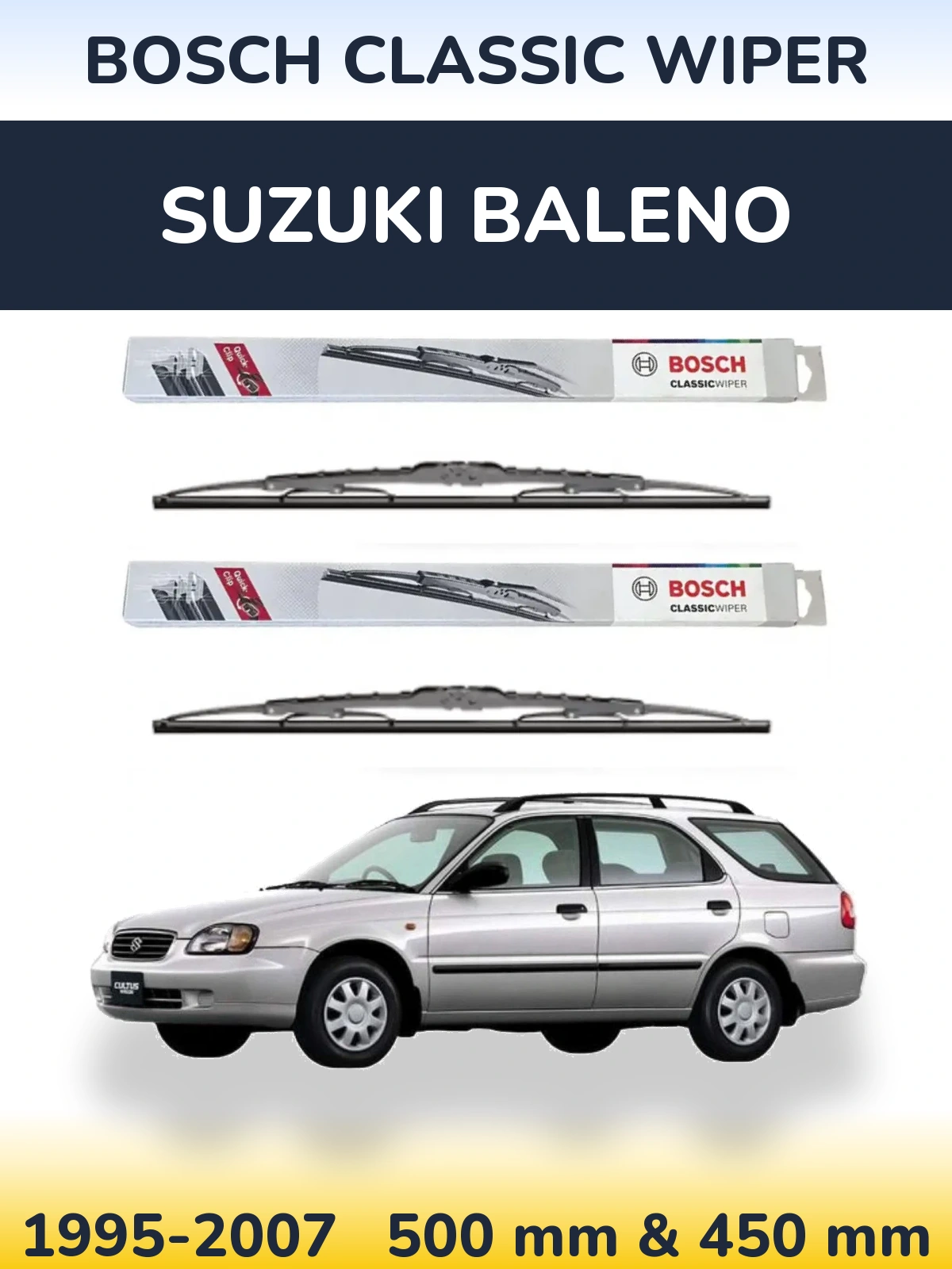 Sada předních stěračů BOSCH Classic Wiper 500 a 450 mm pro Suzuki Baleno 1995-2007