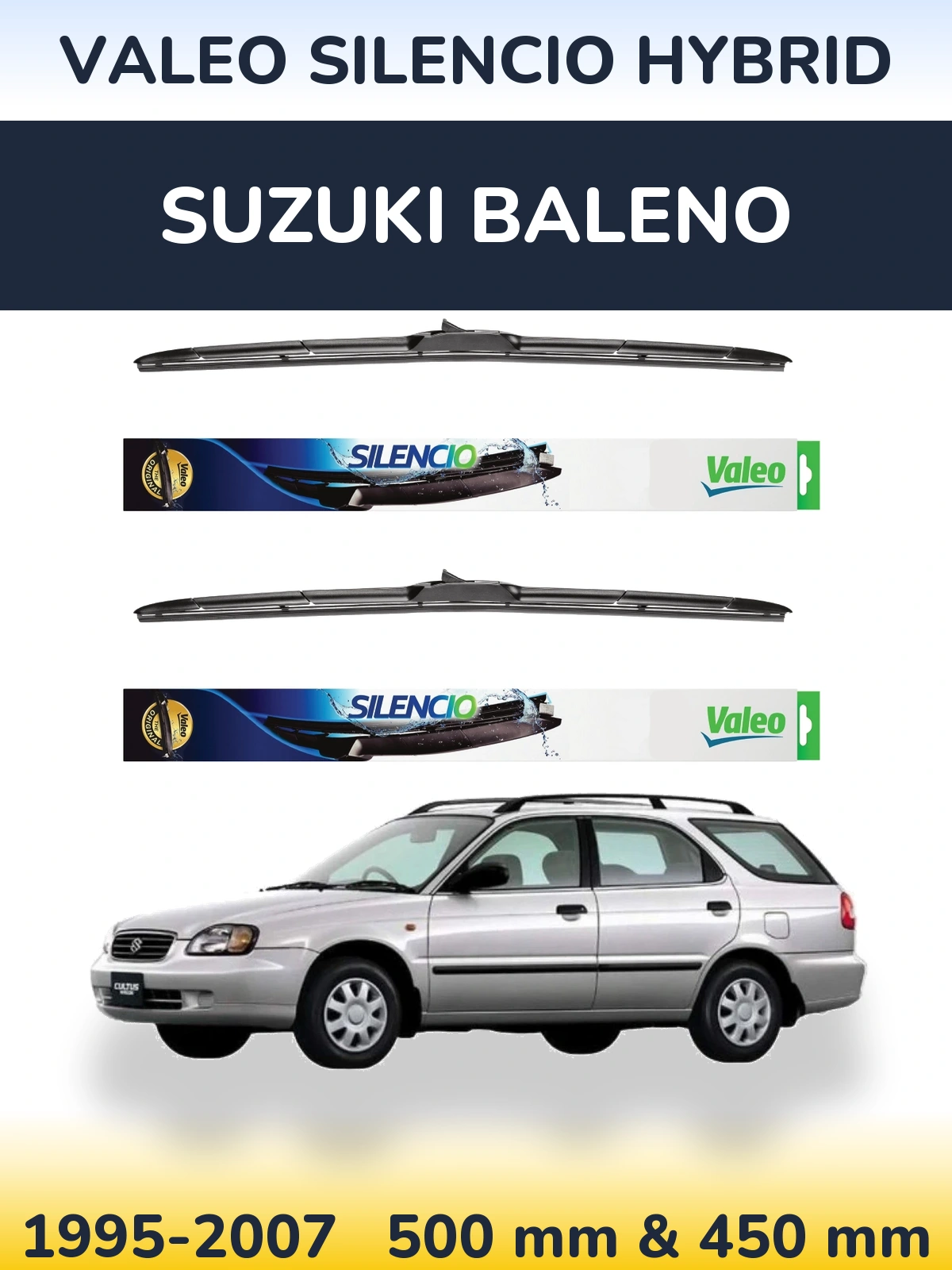 Sada předních stěračů Valeo Silencio Hybrid 500 a 450 mm pro Suzuki Baleno 1995-2007