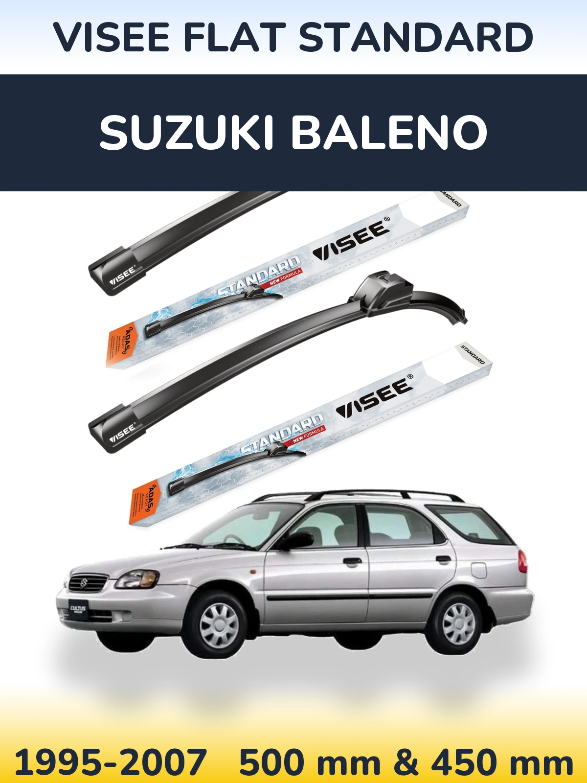 Sada předních stěračů VISEE FLAT STANDARD 500 a 450 mm pro Suzuki Baleno 1995-2007