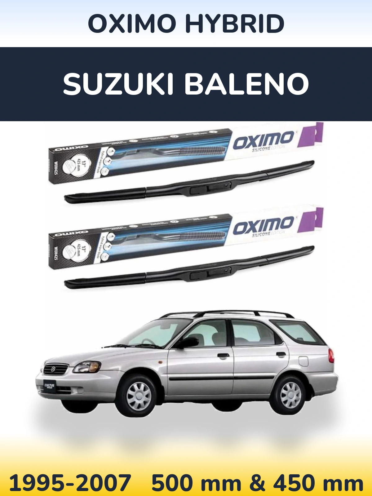 Sada předních stěračů Oximo Hybrid 500 a 450 mm pro Suzuki Baleno 1995-2007