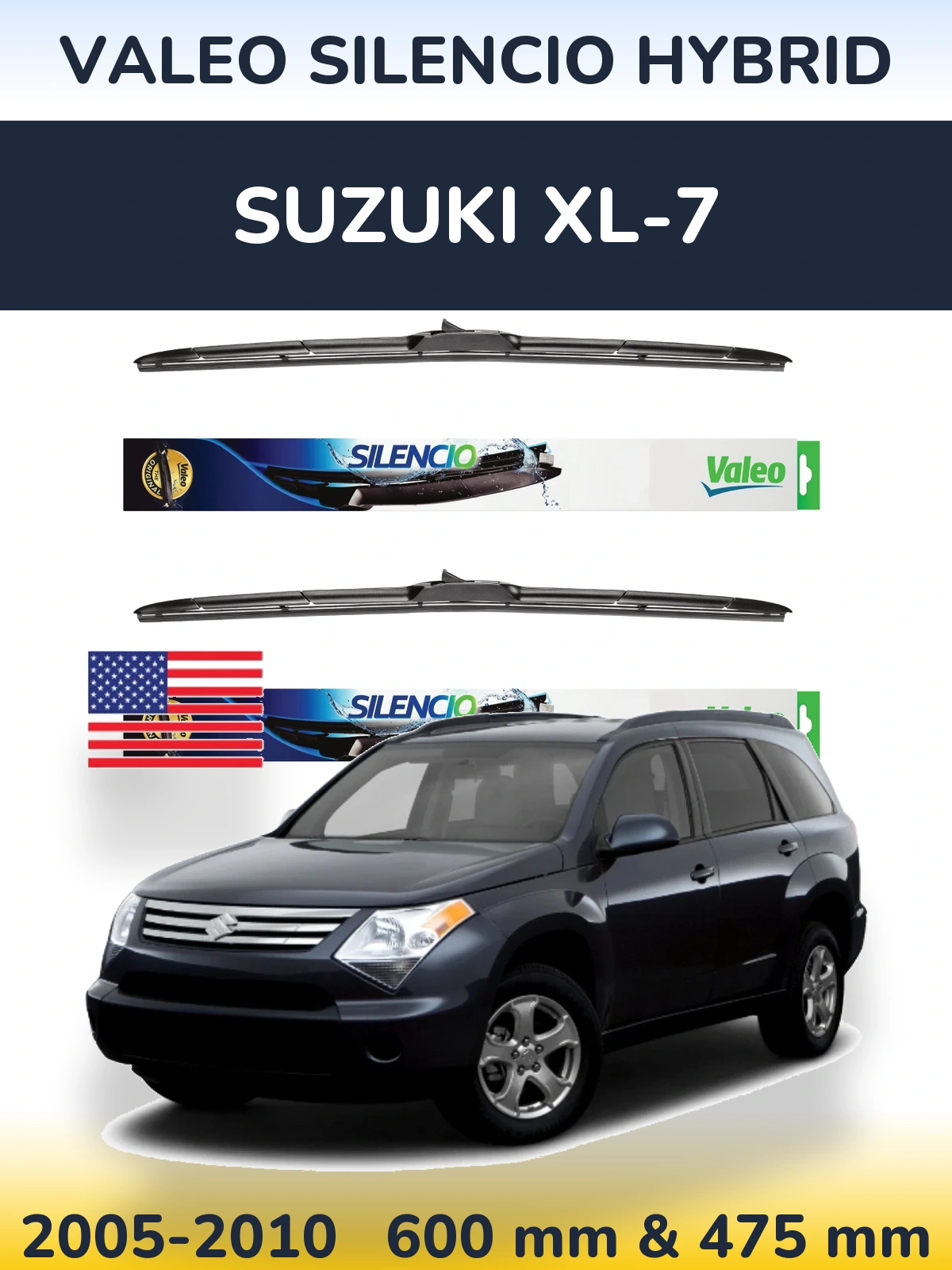 Sada předních stěračů Valeo Silencio Hybrid 600 a 475 mm pro Suzuki XL-7 2005-2010