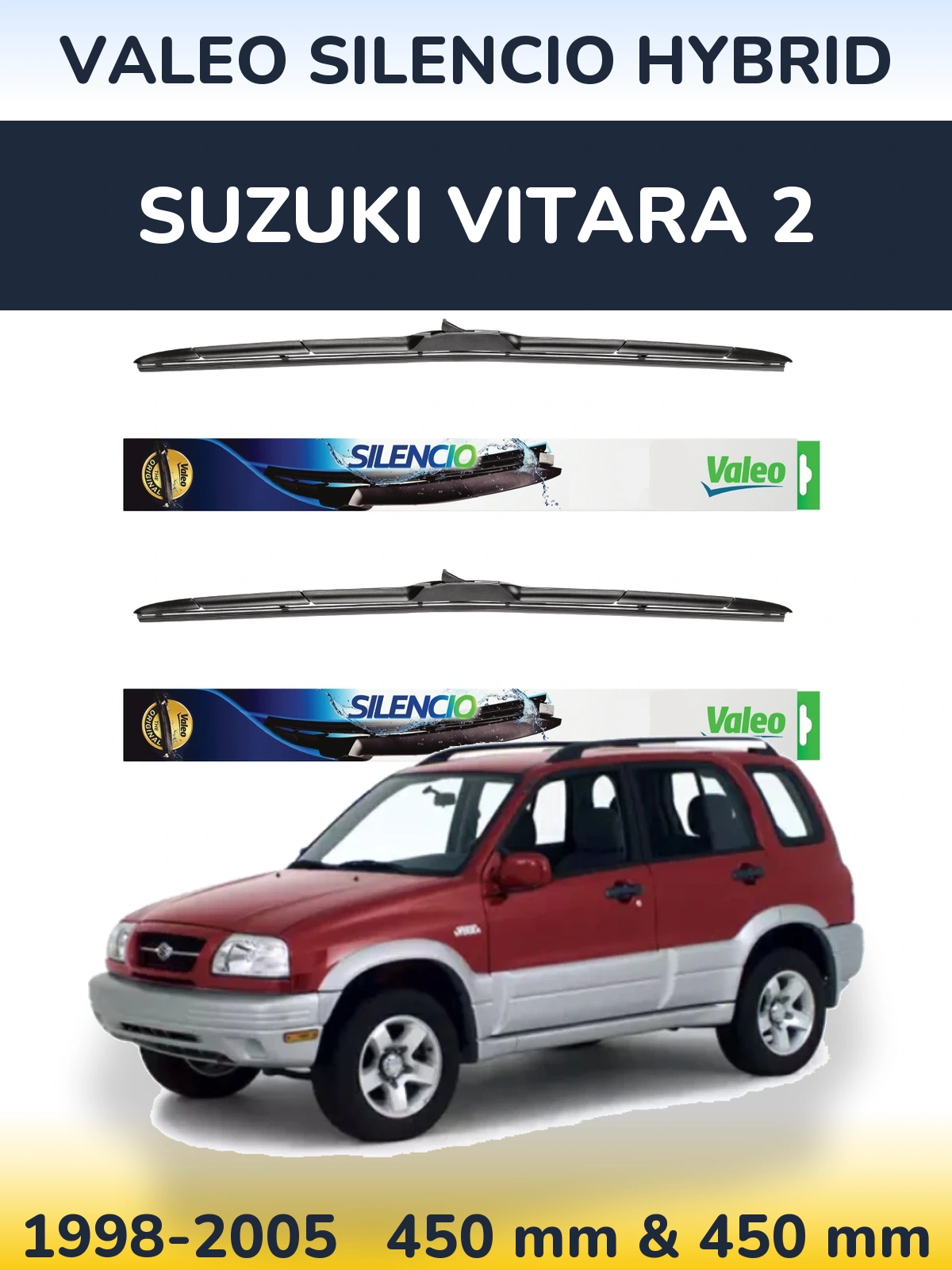 Sada předních stěračů Valeo Silencio Hybrid 450 a 450 mm pro Suzuki Vitara 2 1998-2005