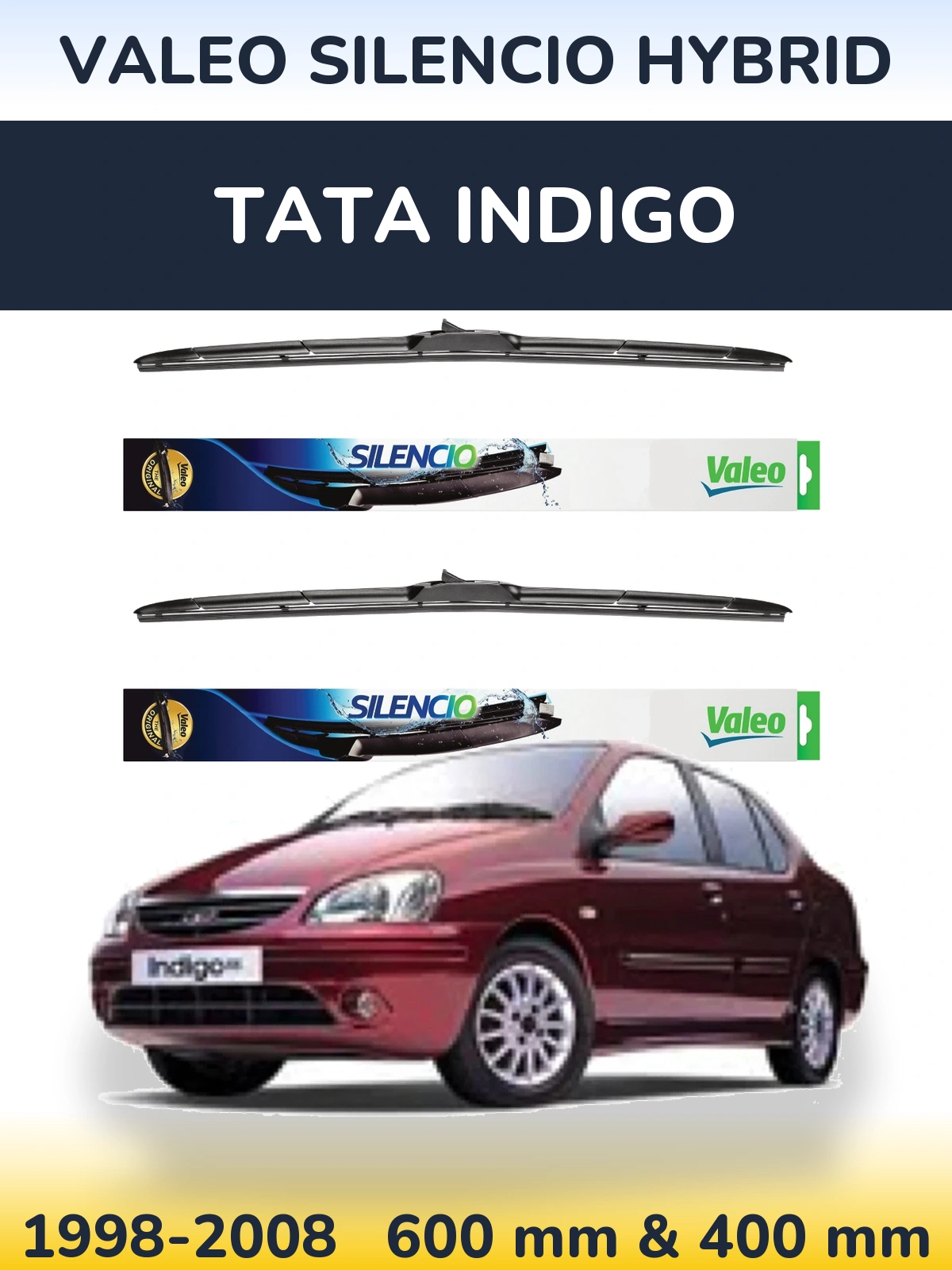 Sada předních stěračů Valeo Silencio Hybrid 600 a 400 mm pro Tata Indigo 1998-2008