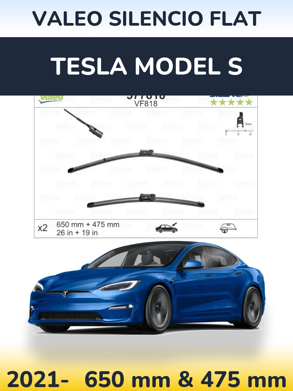 Sada předních stěračů Valeo Silencio Flat 650 a 475 mm pro Tesla Model S 2021-2026