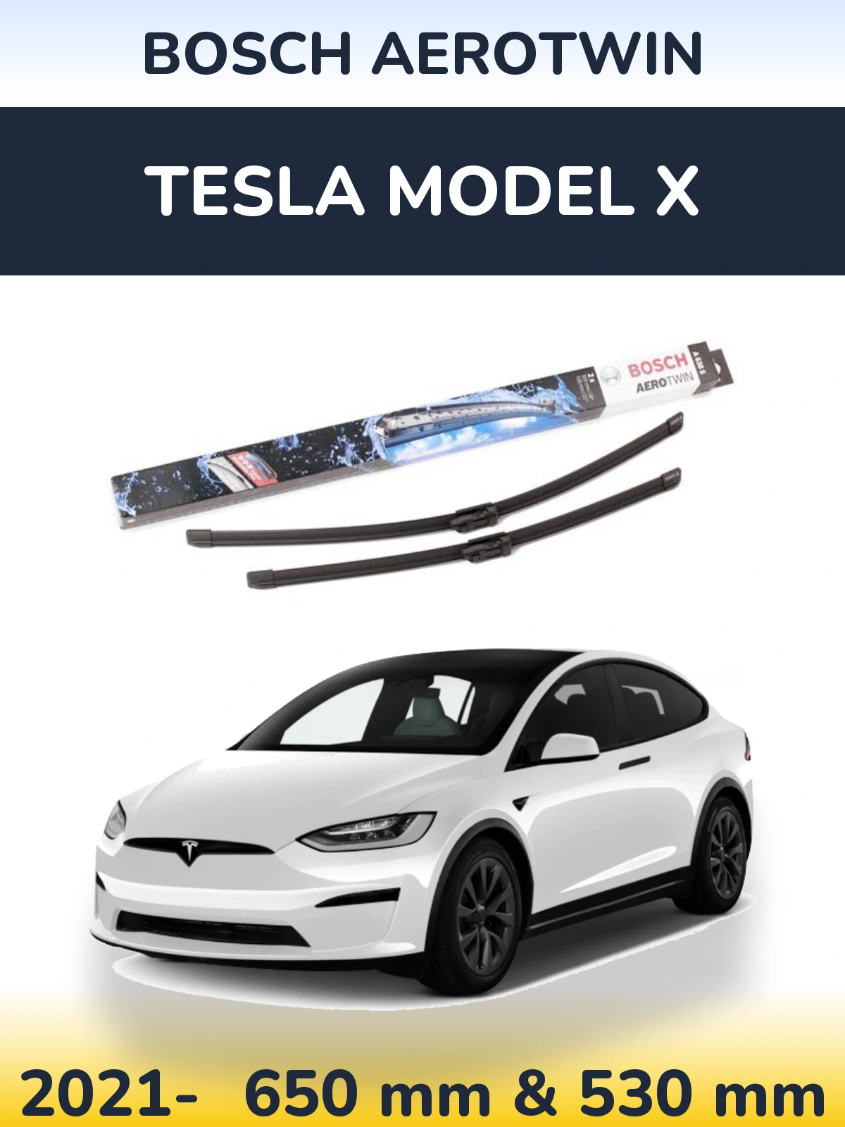 Sada předních stěračů BOSCH AeroTwin 650 a 530 mm pro Tesla Model X 2021-2026