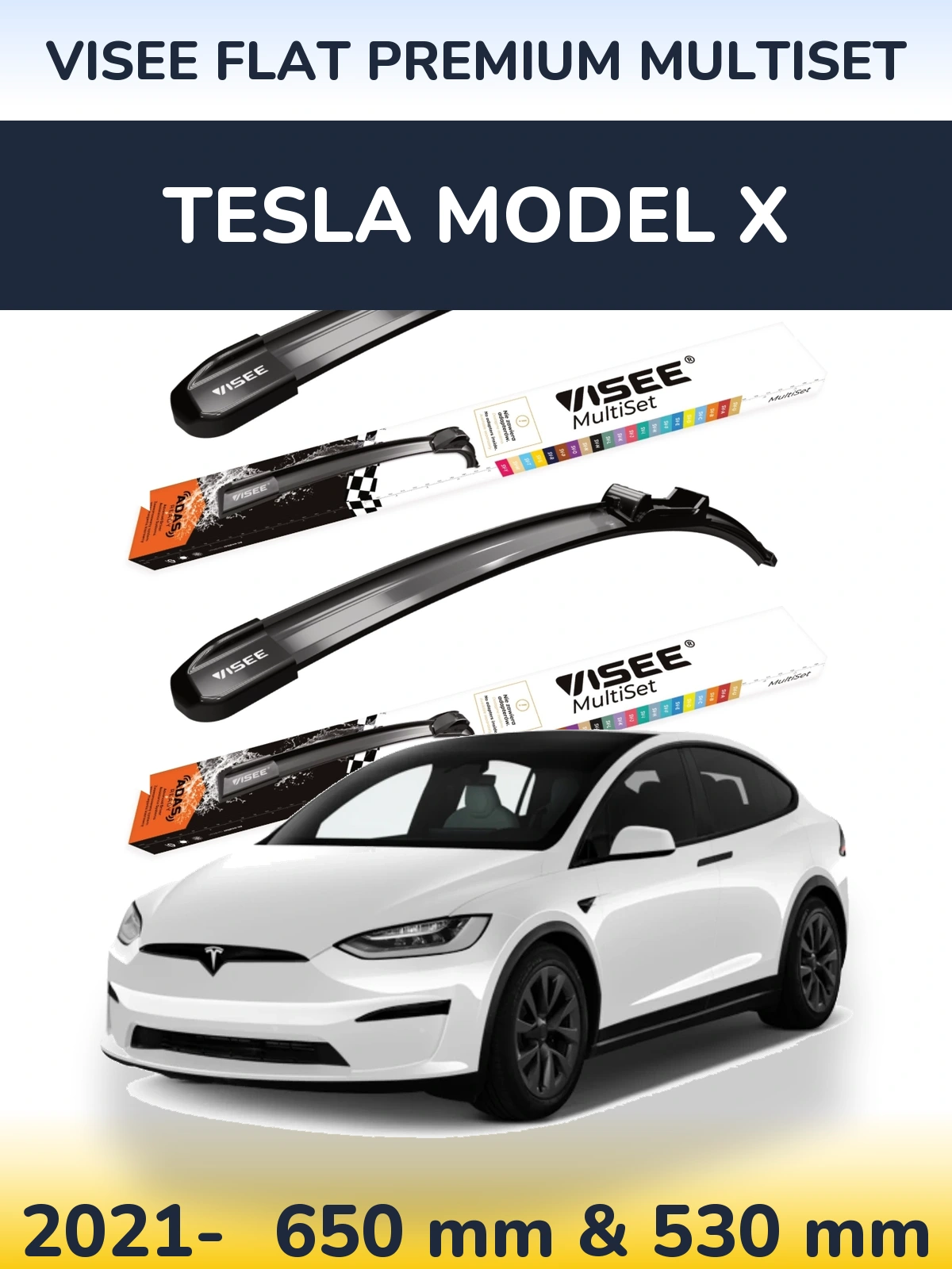 Комплект передніх щіток VISEE FLAT PREMIUM MultiSet 650 & 530 мм для Tesla Модель X 2021-2026