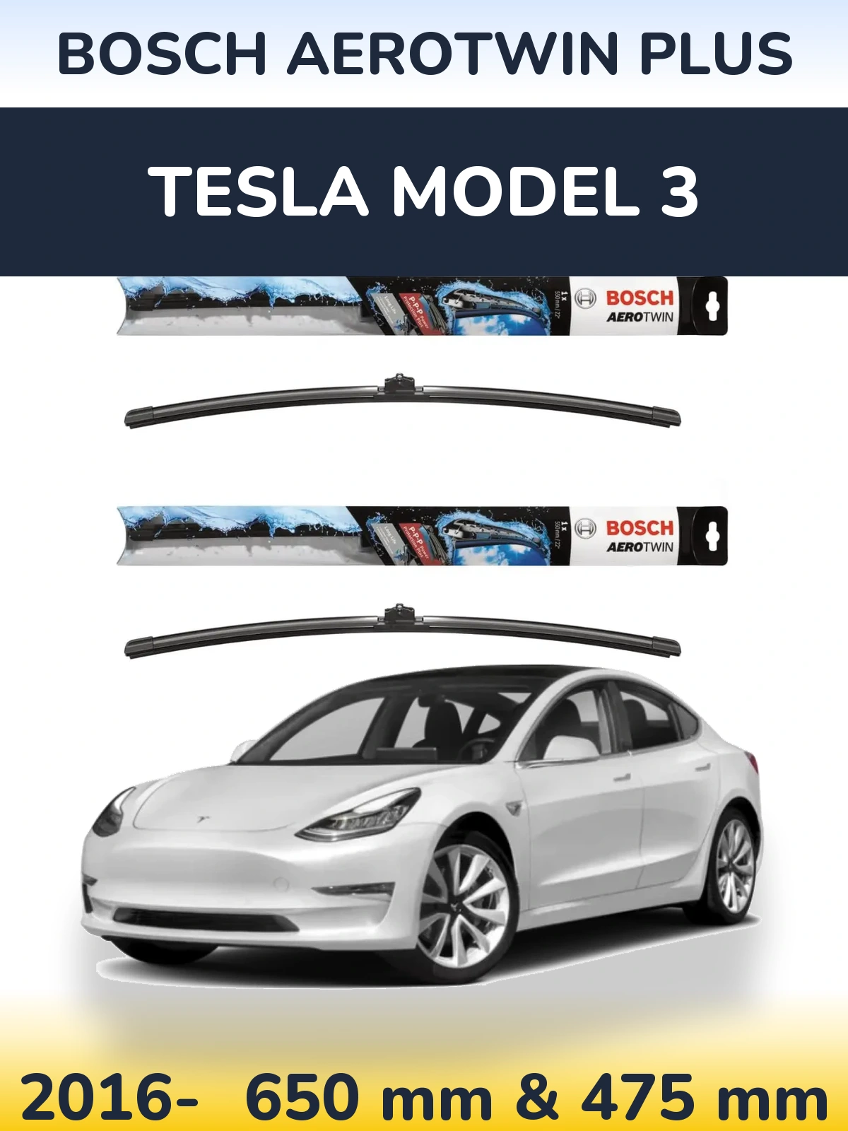 Sada předních stěračů BOSCH AeroTwin Plus 650 a 475 mm pro Tesla Model 3 2016-2026