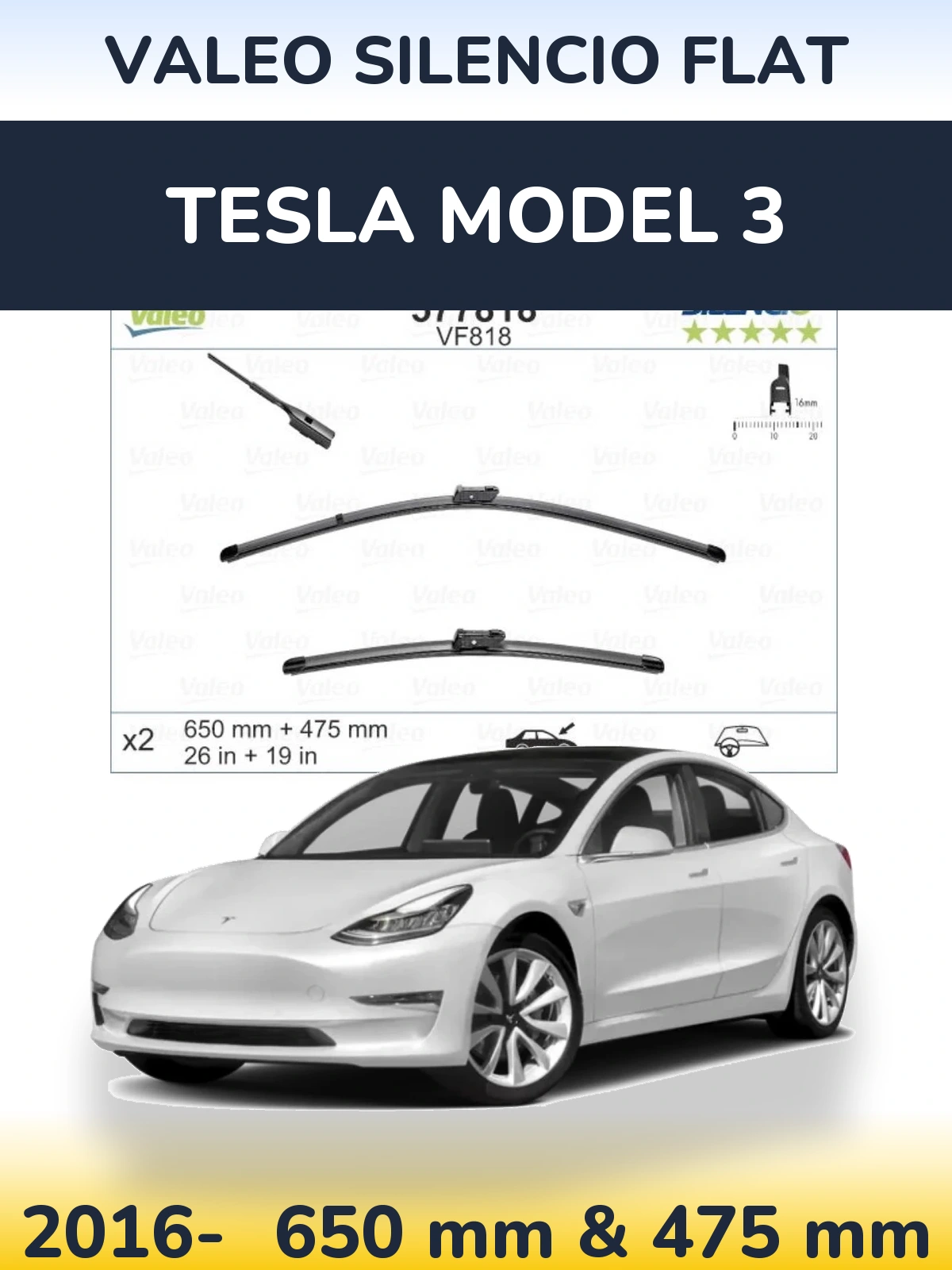 Sada předních stěračů Valeo Silencio Flat 650 a 475 mm pro Tesla Model 3 2016-2026