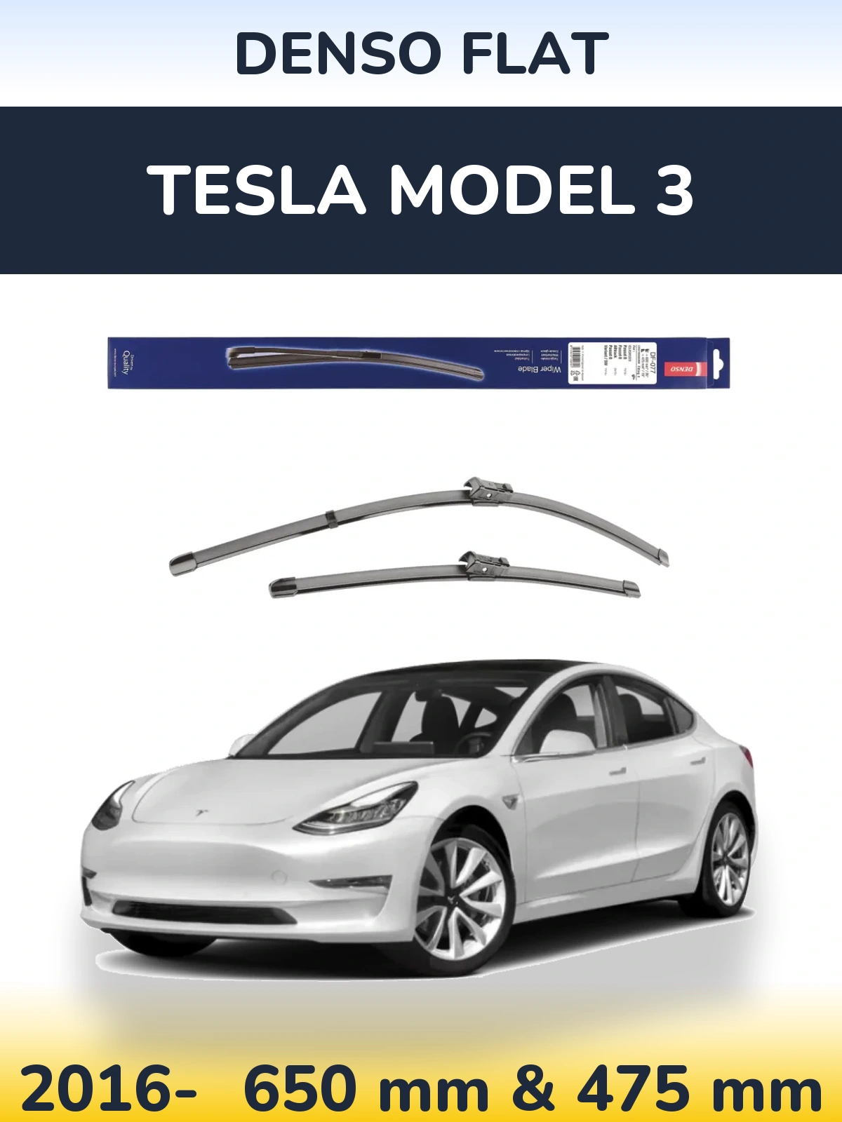 Sada předních stěračů Denso Flat 650 a 475 mm pro Tesla Model 3 2016-2026
