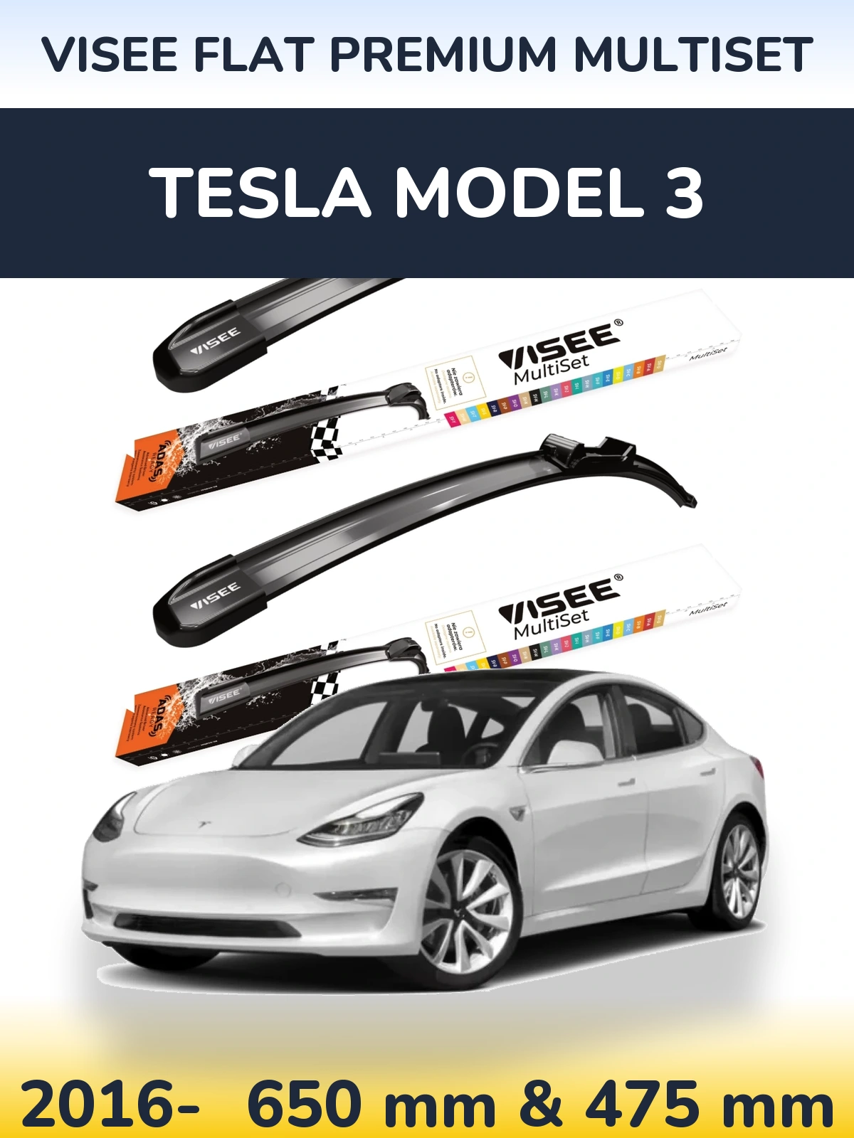 Sada předních stěračů VISEE FLAT PREMIUM MultiSet 650 a 475 mm pro Tesla Model 3 2016-2026