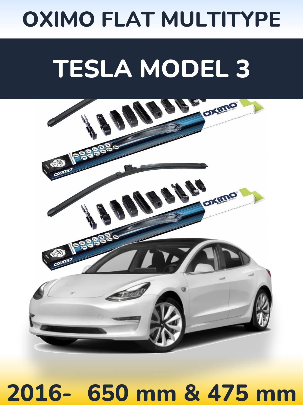 Sada předních stěračů Oximo Flat MultiType 650 a 475 mm pro Tesla Model 3 2016-2026