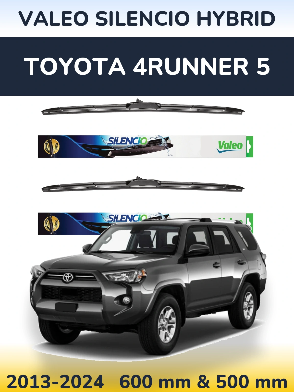 Sada předních stěračů Valeo Silencio Hybrid 600 a 500 mm pro Toyota 4Runner 5 2013-2024
