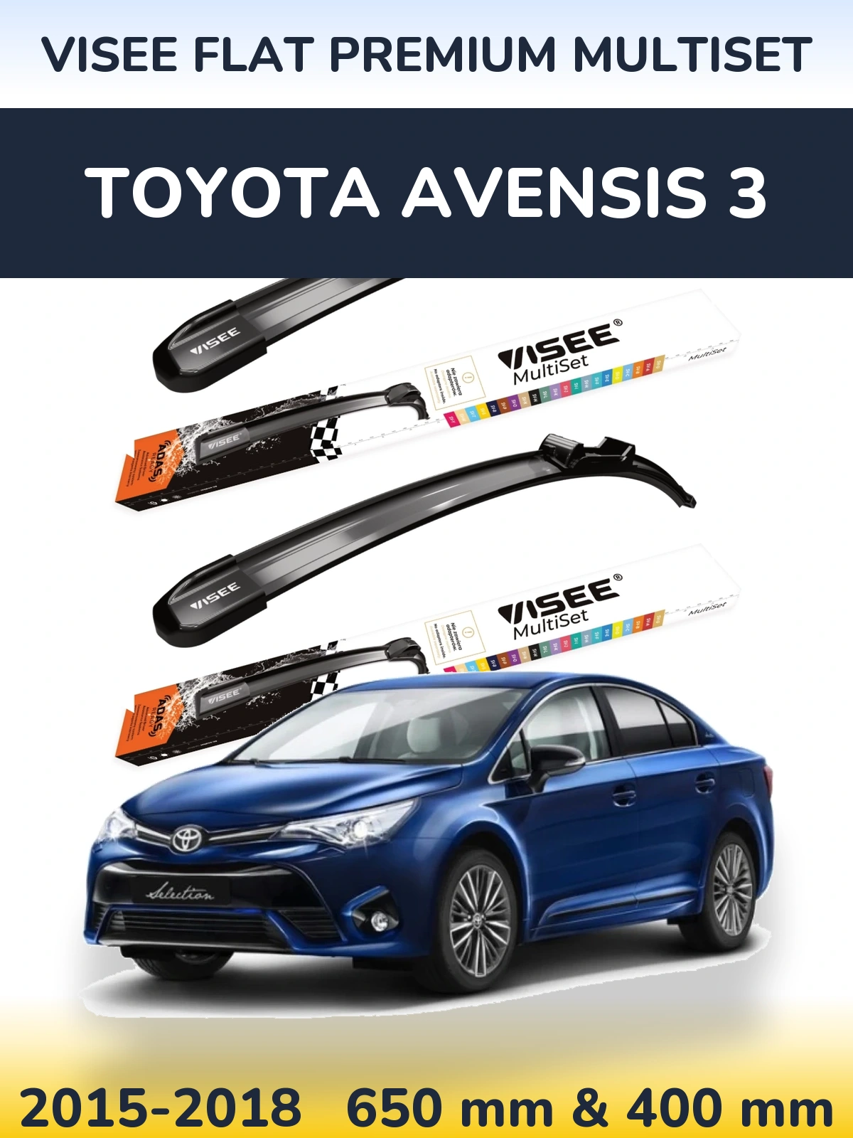 Sada předních stěračů VISEE FLAT PREMIUM MultiSet 650 a 400 mm pro Toyota Avensis 3 2015-2018