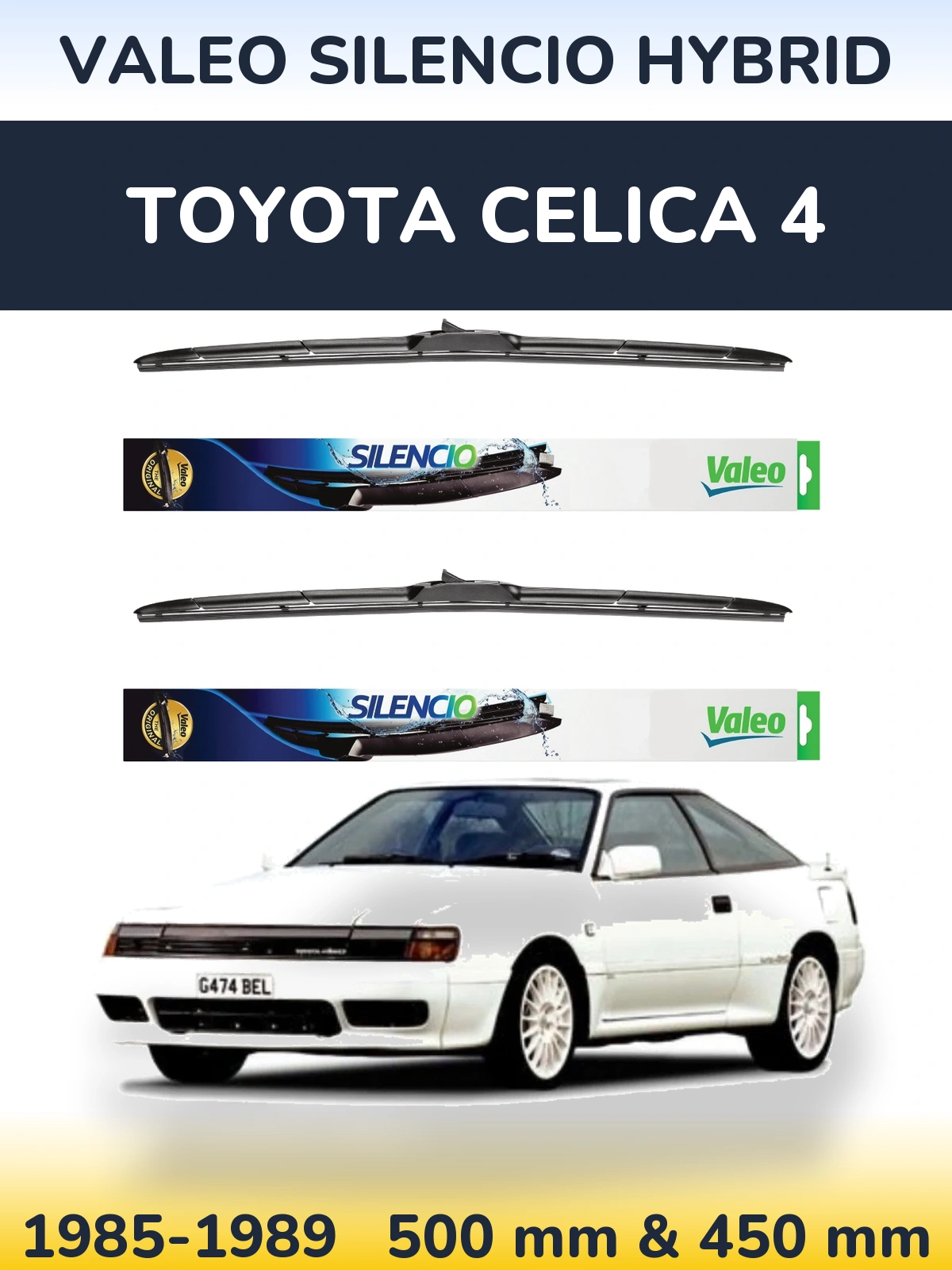 Sada předních stěračů Valeo Silencio Hybrid 500 a 450 mm pro Toyota Celica 4 1985-1989