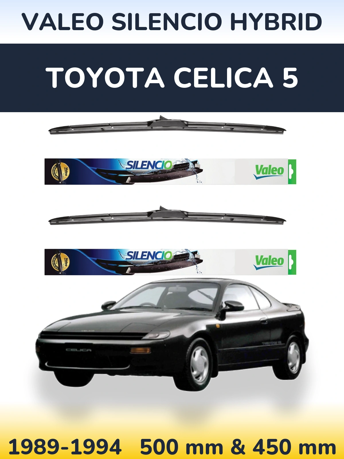 Sada předních stěračů Valeo Silencio Hybrid 500 a 450 mm pro Toyota Celica 5 1989-1994