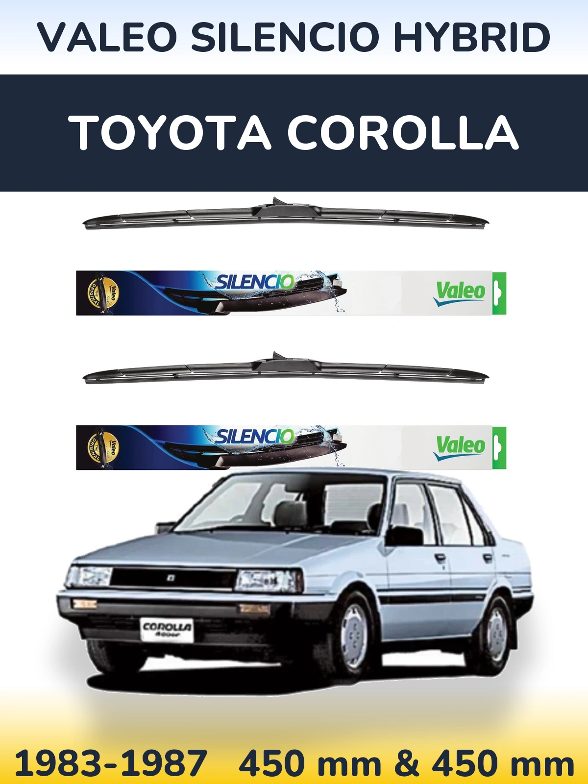 Sada předních stěračů Valeo Silencio Hybrid 450 a 450 mm pro Toyota Corolla 1983-1987