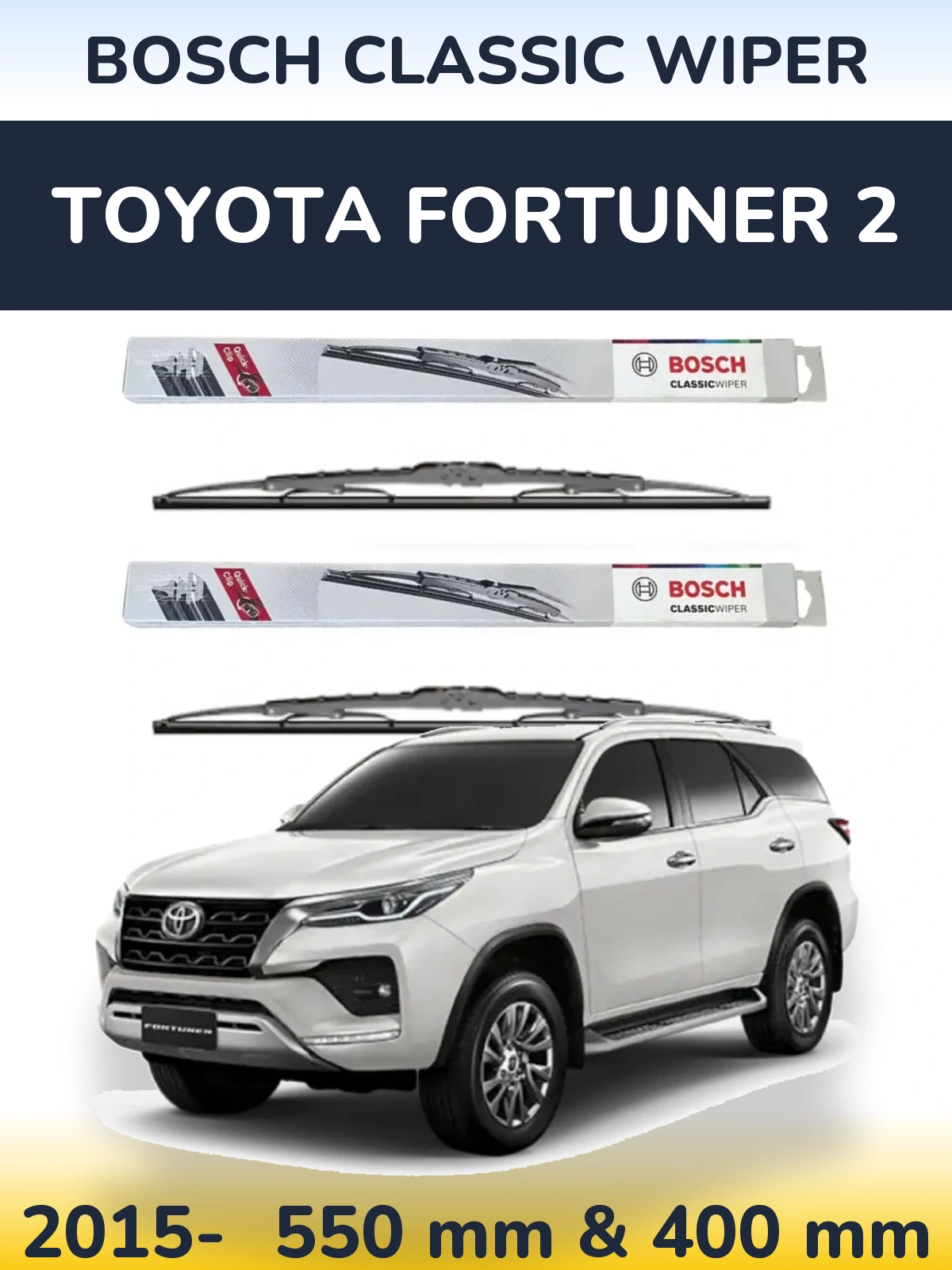 Sada předních stěračů BOSCH Classic Wiper 550 a 400 mm pro Toyota Fortuner 2 2015-2026