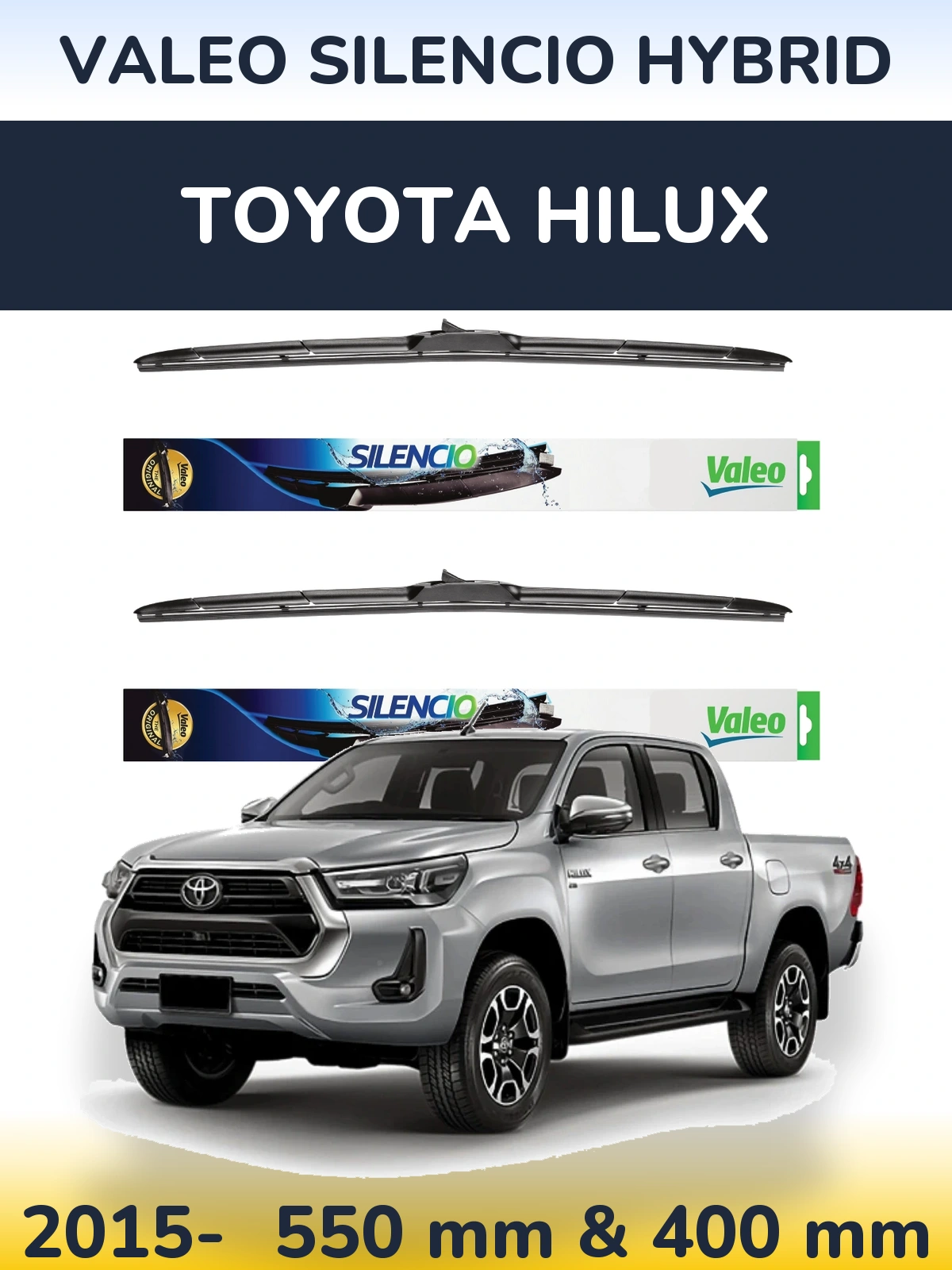 Sada předních stěračů Valeo Silencio Hybrid 550 a 400 mm pro Toyota Hilux 2015-2026