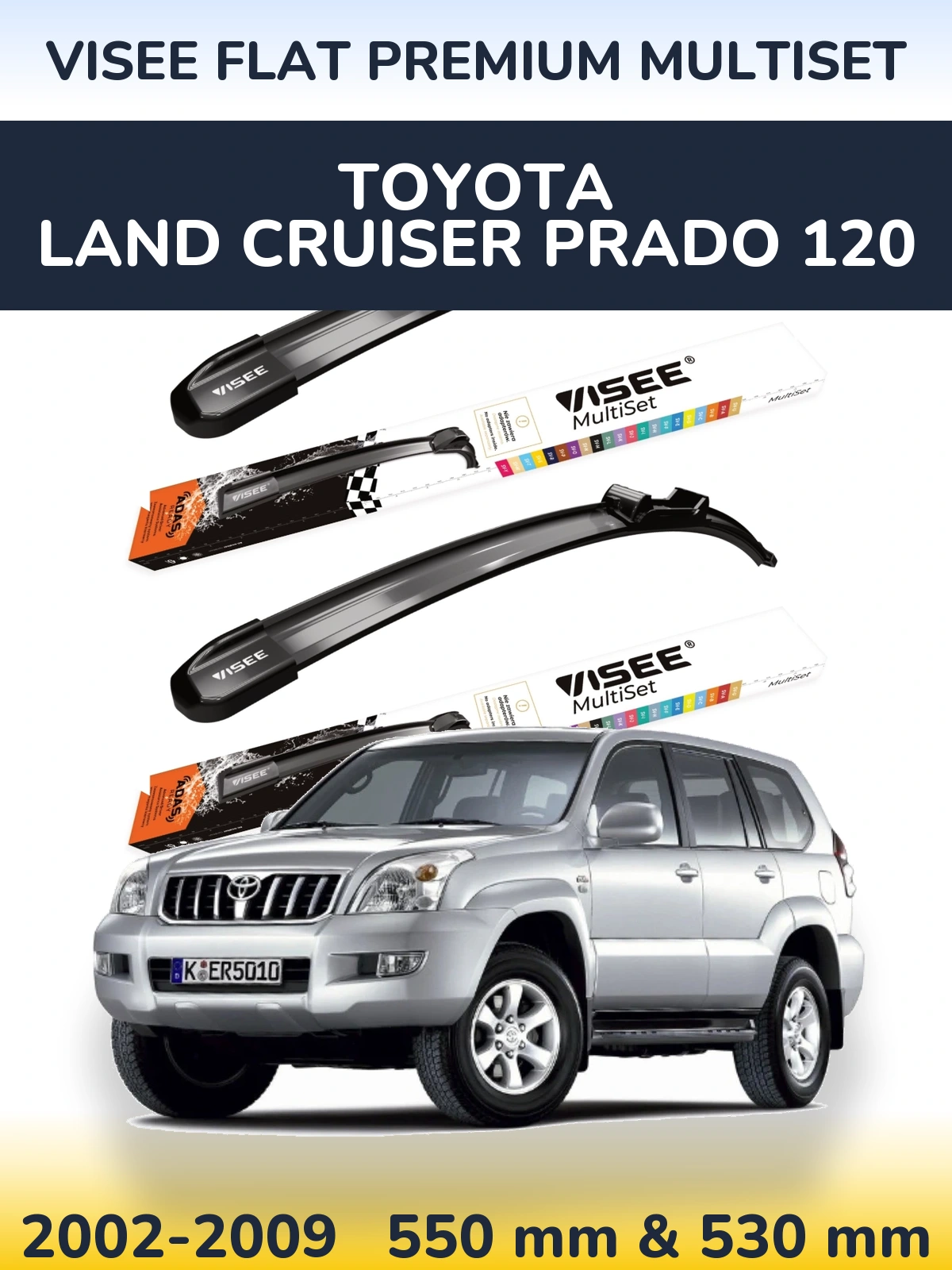 Sada předních stěračů VISEE FLAT PREMIUM MultiSet 550 a 530 mm pro Toyota Land Cruiser Prado 120 2002-2009