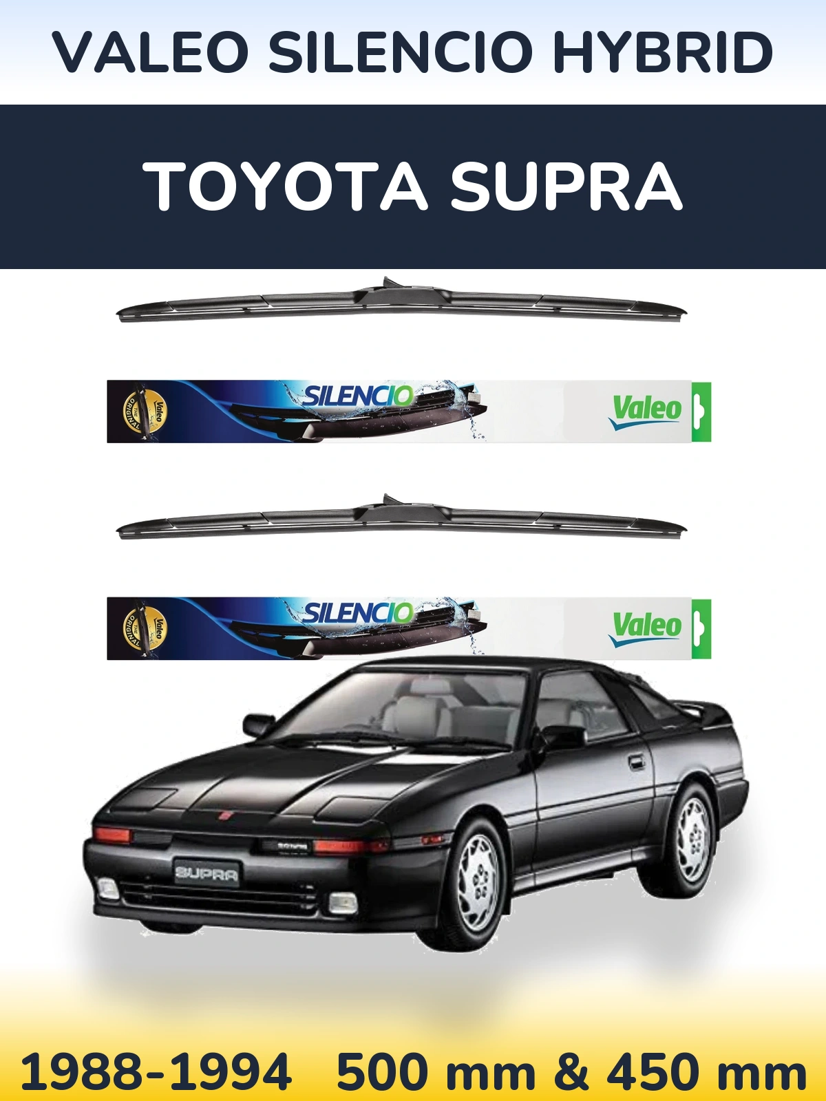 Sada předních stěračů Valeo Silencio Hybrid 500 a 450 mm pro Toyota Supra 1988-1994
