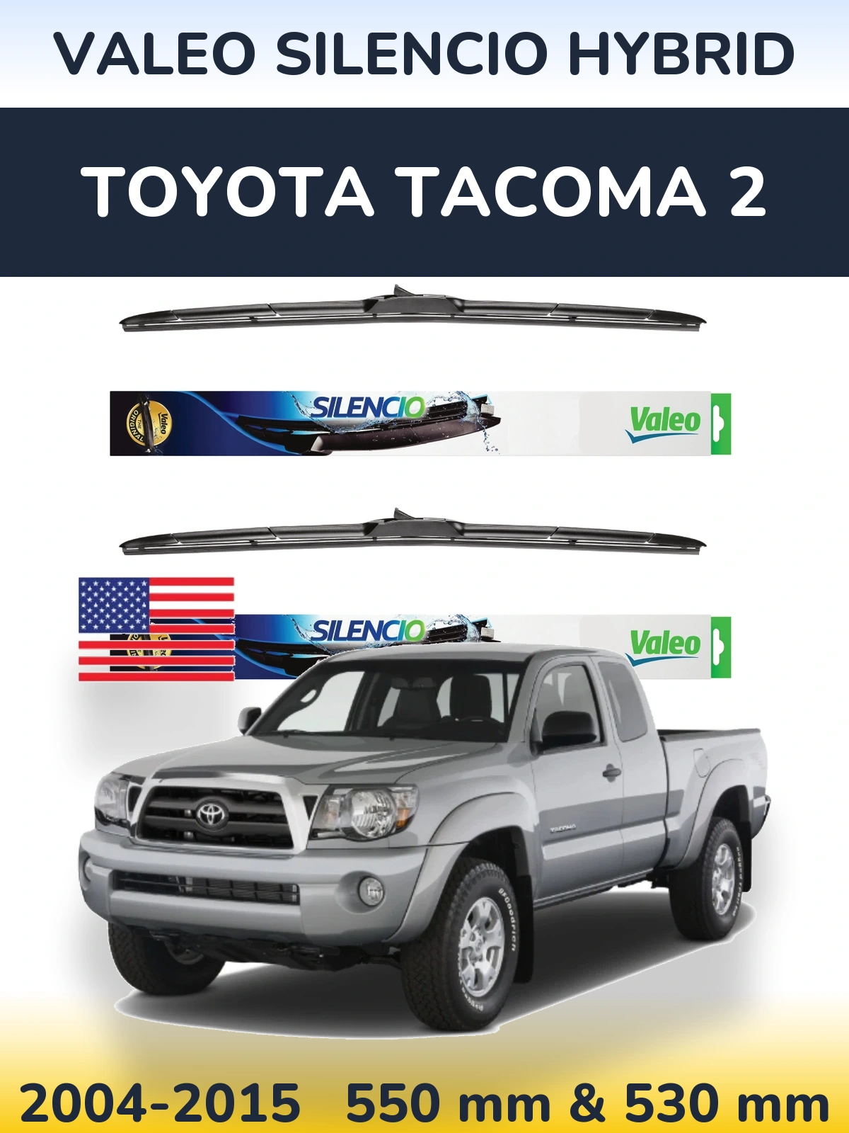 Sada předních stěračů Valeo Silencio Hybrid 550 a 530 mm pro Toyota Tacoma 2 2004-2015
