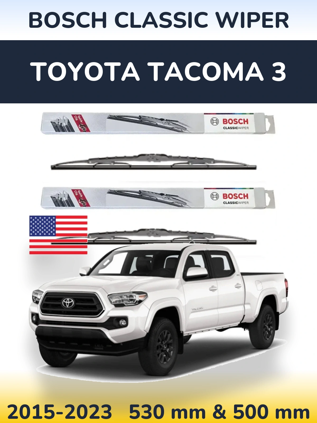 Sada předních stěračů BOSCH Classic Wiper 530 a 500 mm pro Toyota Tacoma 3 2015-2023