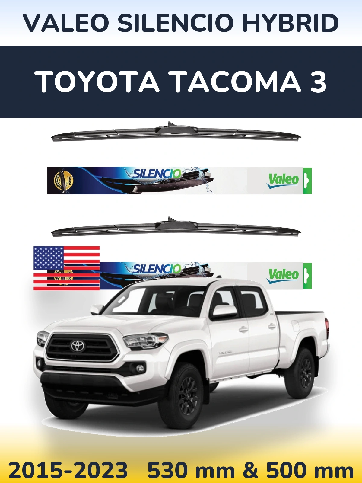 Sada předních stěračů Valeo Silencio Hybrid 530 a 500 mm pro Toyota Tacoma 3 2015-2023