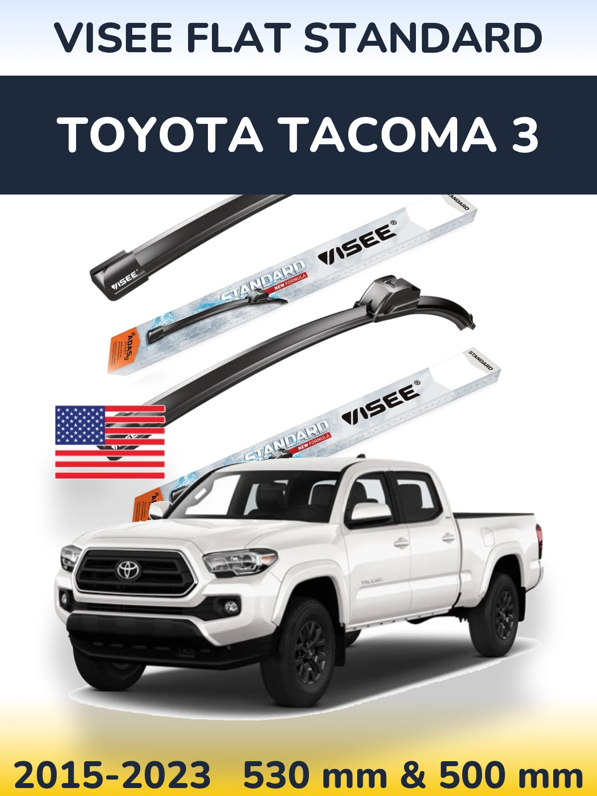Sada předních stěračů VISEE FLAT STANDARD 530 a 500 mm pro Toyota Tacoma 3 2015-2023
