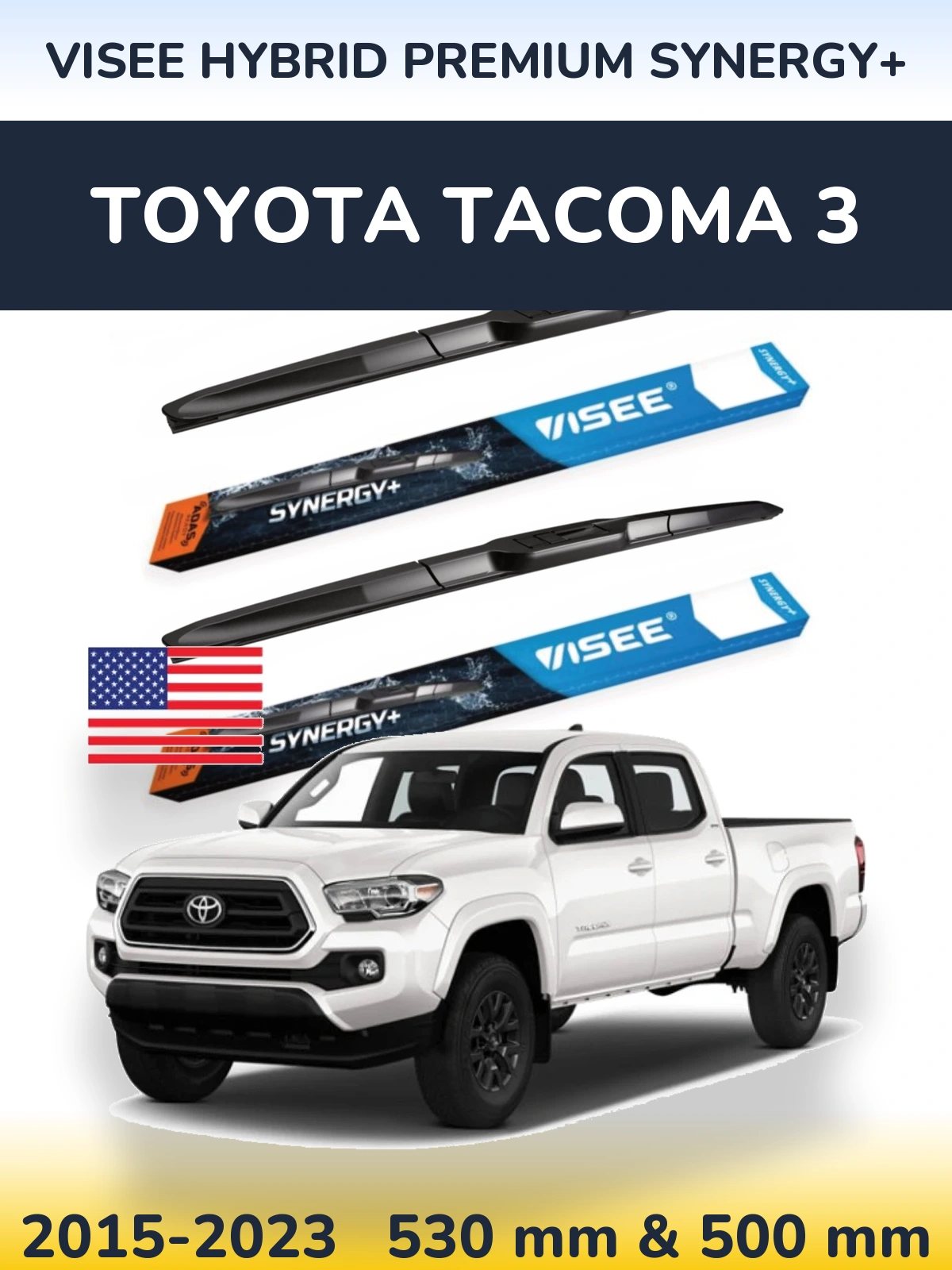 Sada předních stěračů VISEE HYBRID PREMIUM SYNERGY+ 530 a 500 mm pro Toyota Tacoma 3 2015-2023