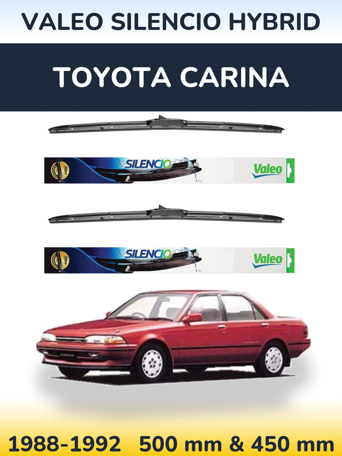 Sada předních stěračů Valeo Silencio Hybrid 500 a 450 mm pro Toyota Carina 1988-1992