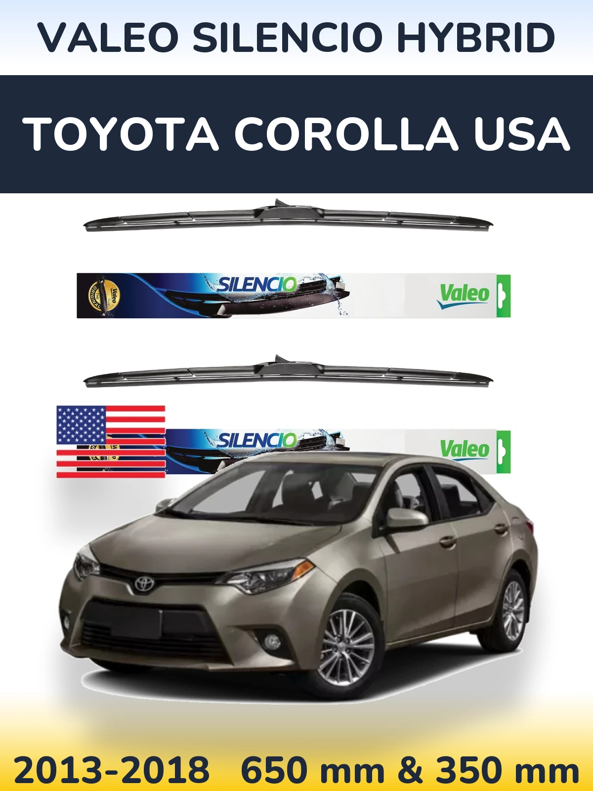 Sada předních stěračů Valeo Silencio Hybrid 650 a 350 mm pro Toyota Corolla USA 2013-2018