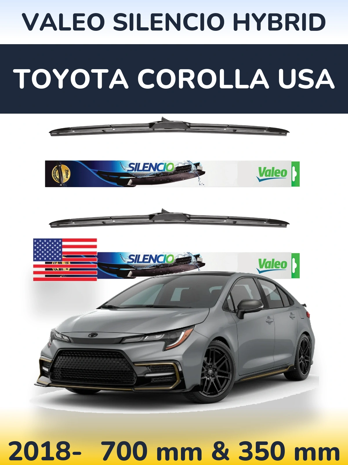 Sada předních stěračů Valeo Silencio Hybrid 700 a 350 mm pro Toyota Corolla USA 2018-2026